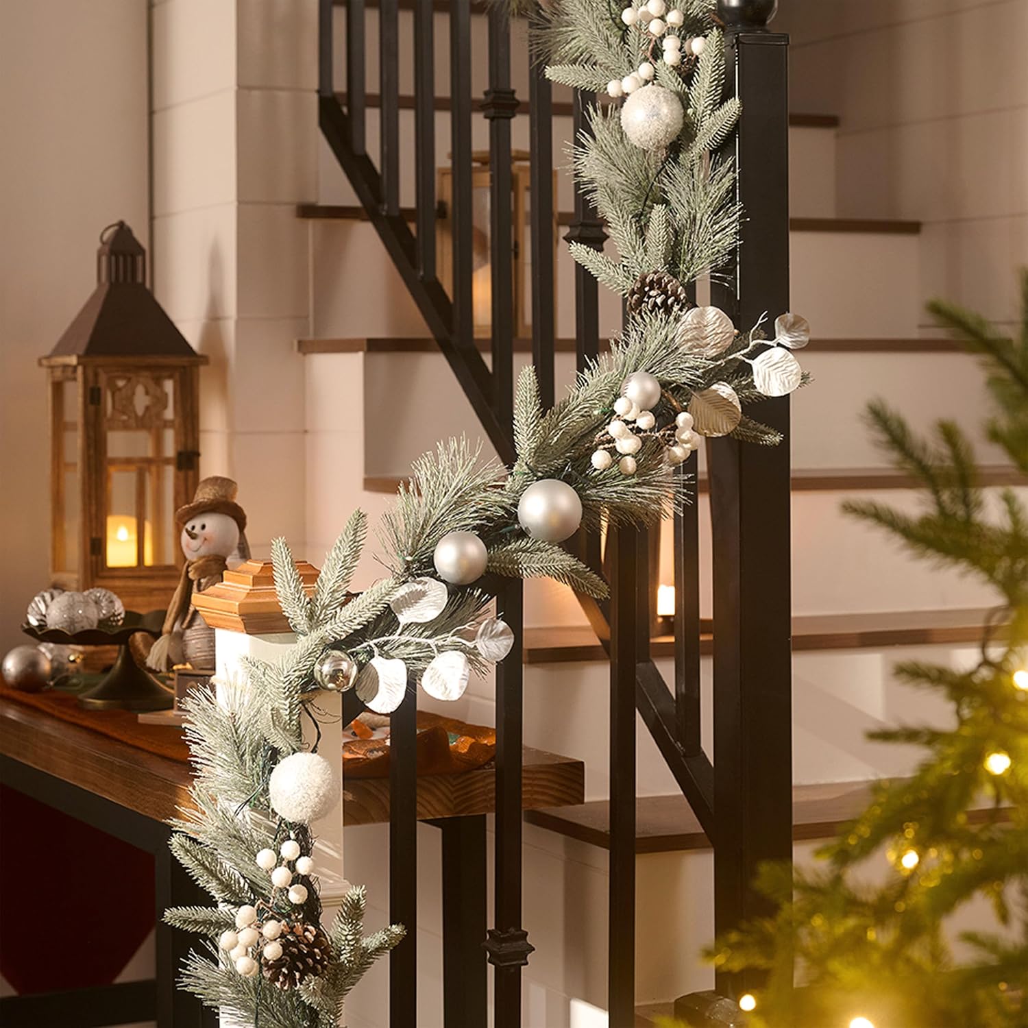 Valery Madelyn 9 Ft Pre-Lit Christmas Garland with Lights for Mantle, Lighted Outdoor Xmas Garland with Silvery Blue