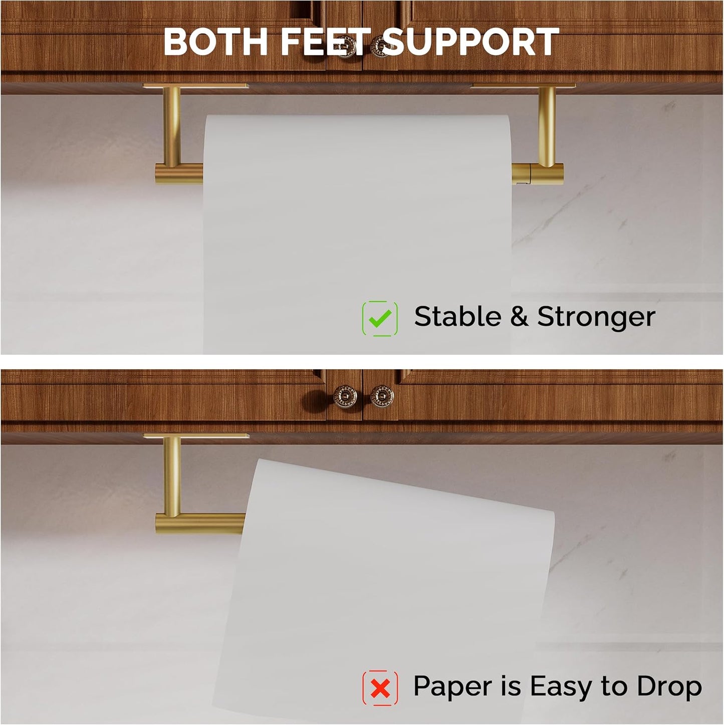 Gold Paper Towel Holder Under Cabinet Self Adhesive or Wall Mount | 304 Stainless Steel Post Pivoting Design No