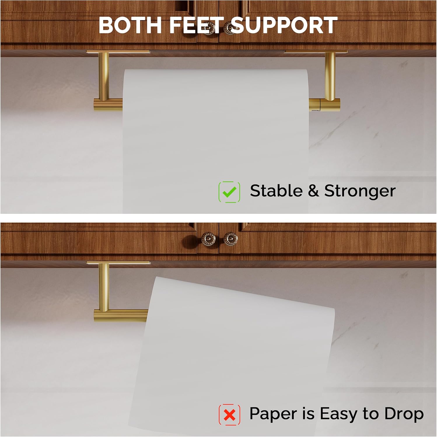 Gold Paper Towel Holder Under Cabinet Self Adhesive or Wall Mount | 304 Stainless Steel Post Pivoting Design No