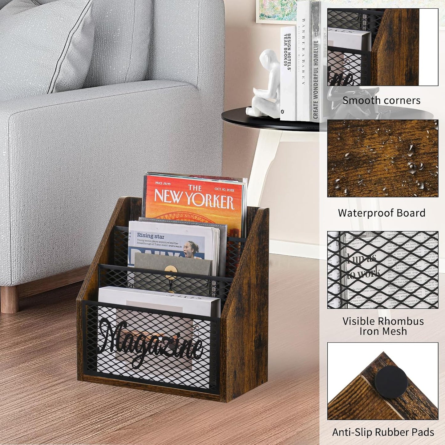 YINMIT 3 Tier Magazine Rack, Stepped Magazine Holder Floor for Home Storage | 3 Tier Stepped Design, Wood and Metal