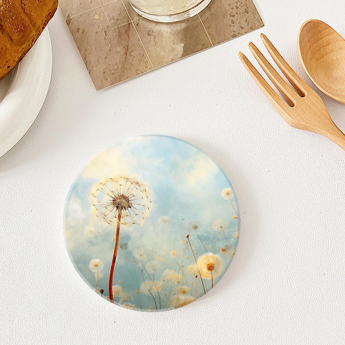 Spring Floral Dandelion Flower Style Ceramic Coasters / 4 In / Color0509 / White / Set of 4