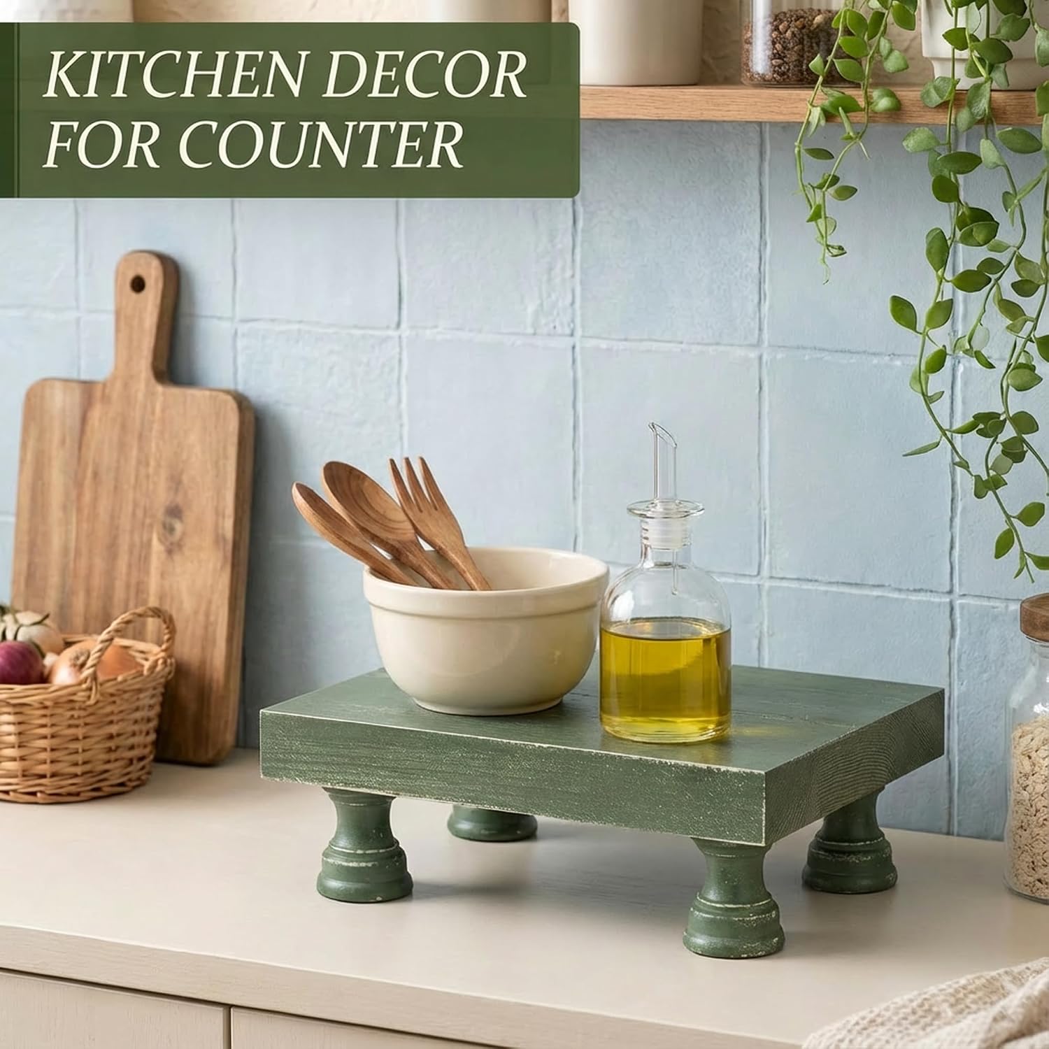 EOSAHR Square Wood Riser & Display Stand for Kitchen Counter, Green | Pine Wood, 8.5" Decorative Riser, Plant Display