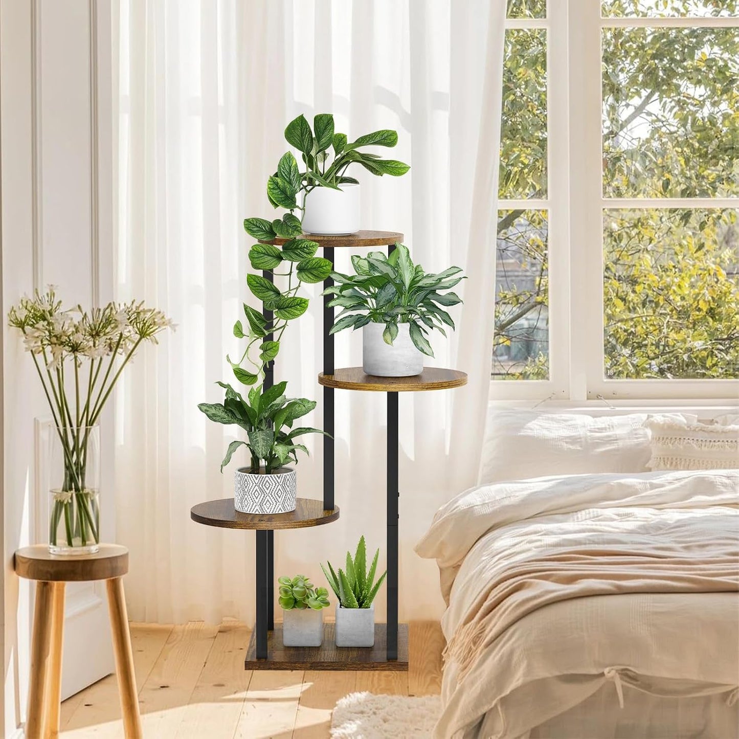 4 Tier Plant Stand Indoor, Metal Wooden Tall Plant Shelf Flower Pot Stand for Multiple Plants, Corner Flower Holder