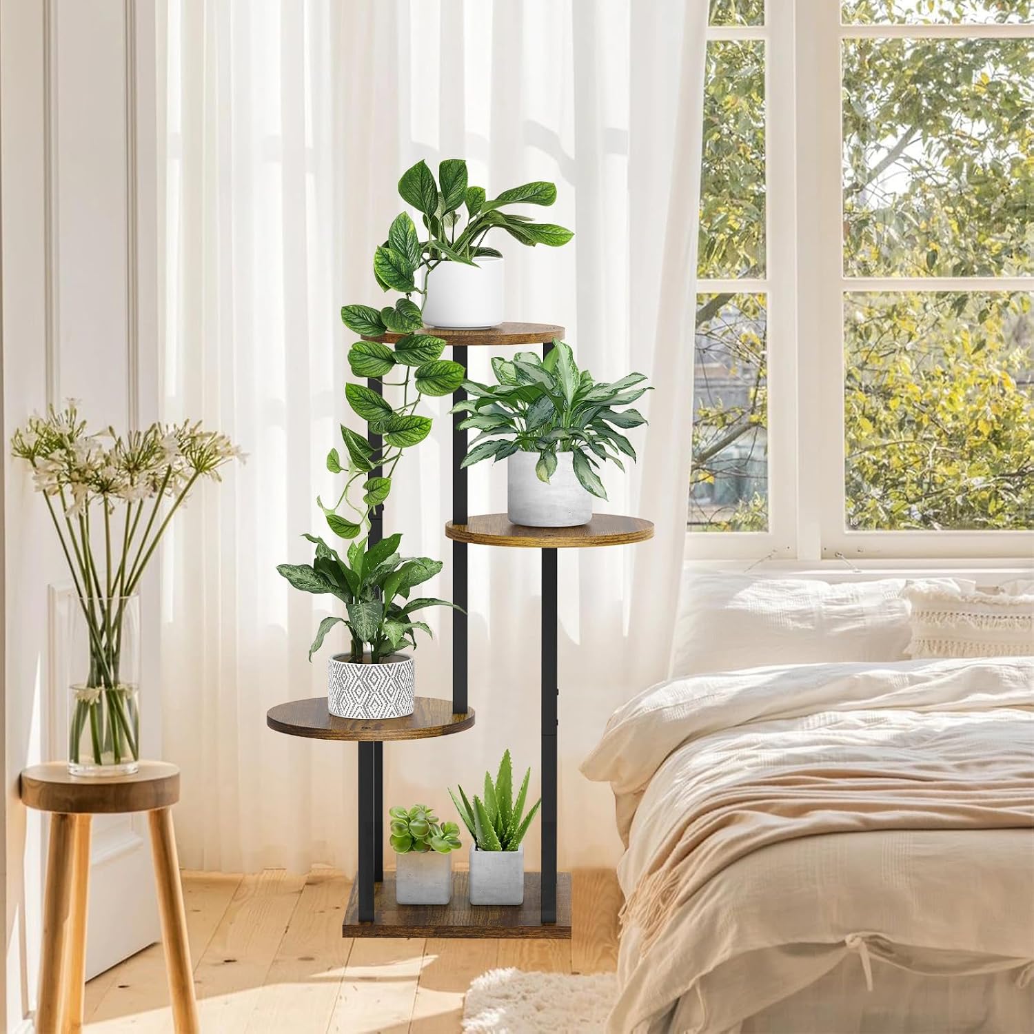 4 Tier Plant Stand Indoor, Metal Wooden Tall Plant Shelf Flower Pot Stand for Multiple Plants, Corner Flower Holder