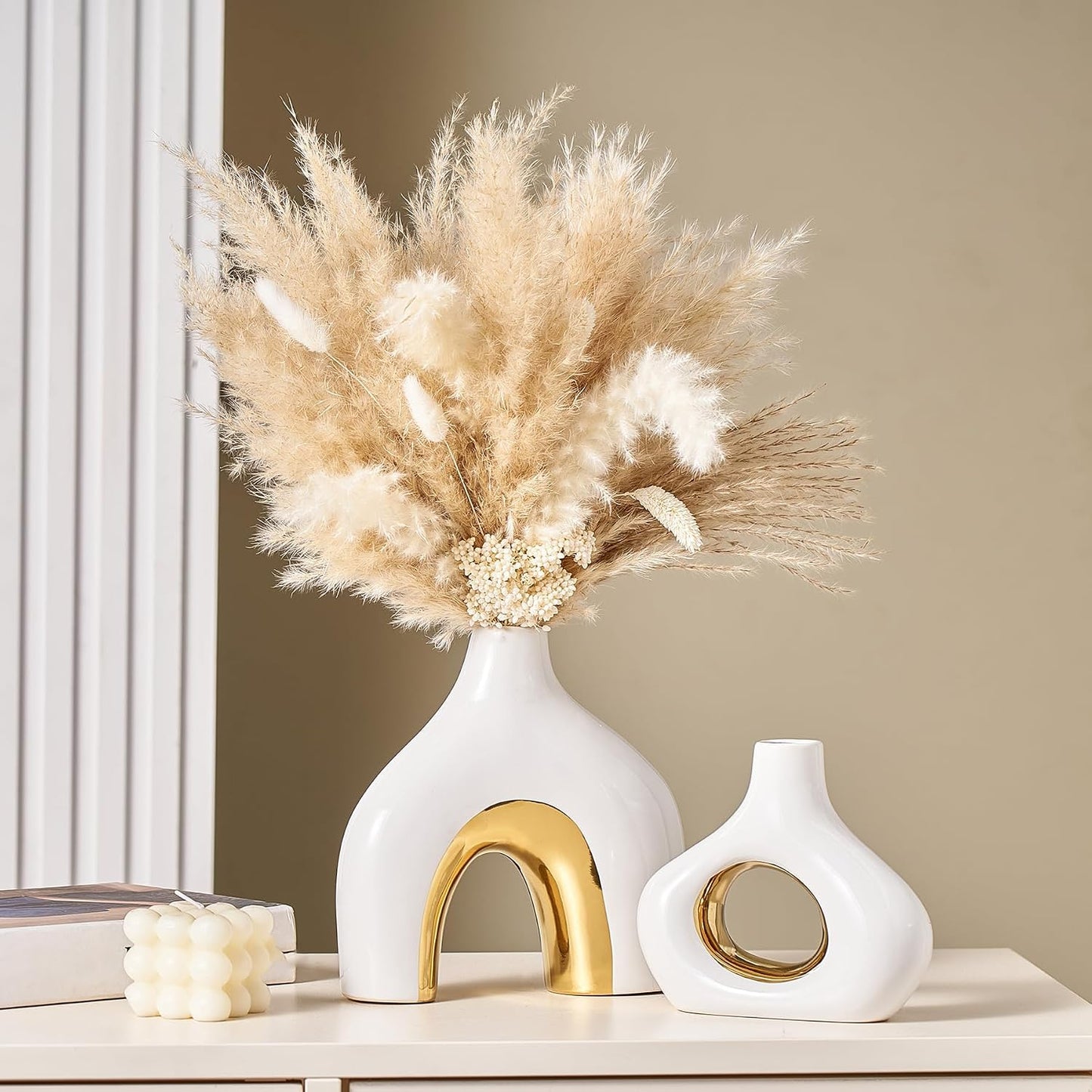 Modern Ceramic Donut Vase / White Gold / Set of 2