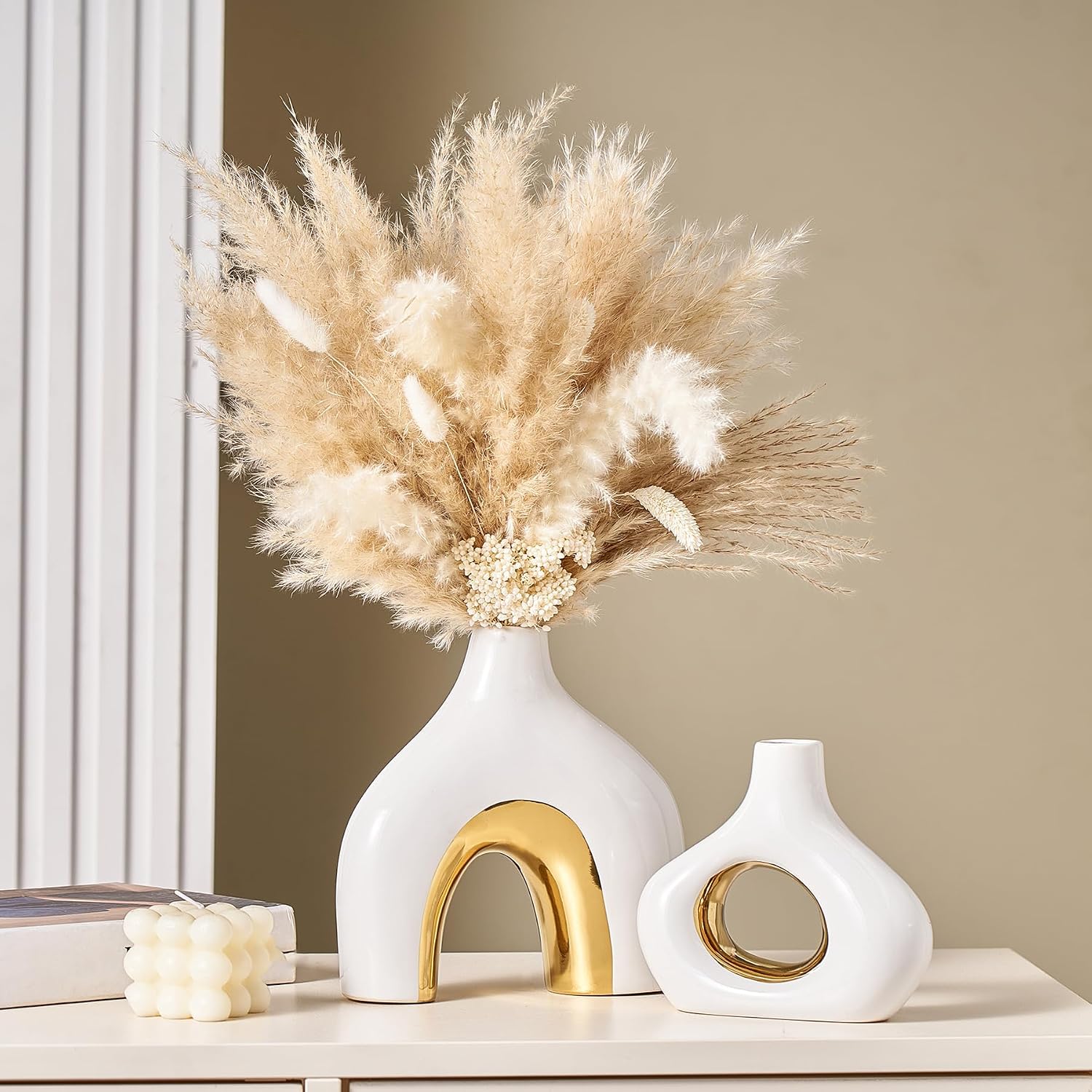 Modern Ceramic Donut Vase / White Gold / Set of 2