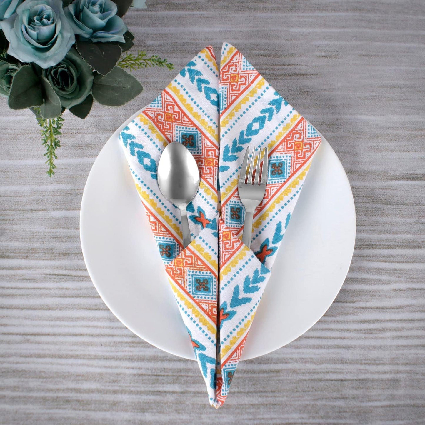 FINGERCRAFT Cloth Napkins Set of 12 Cotton Linen, 20x20 in, Tribal Spirit | Mitered corner, washable, soft, absorbent