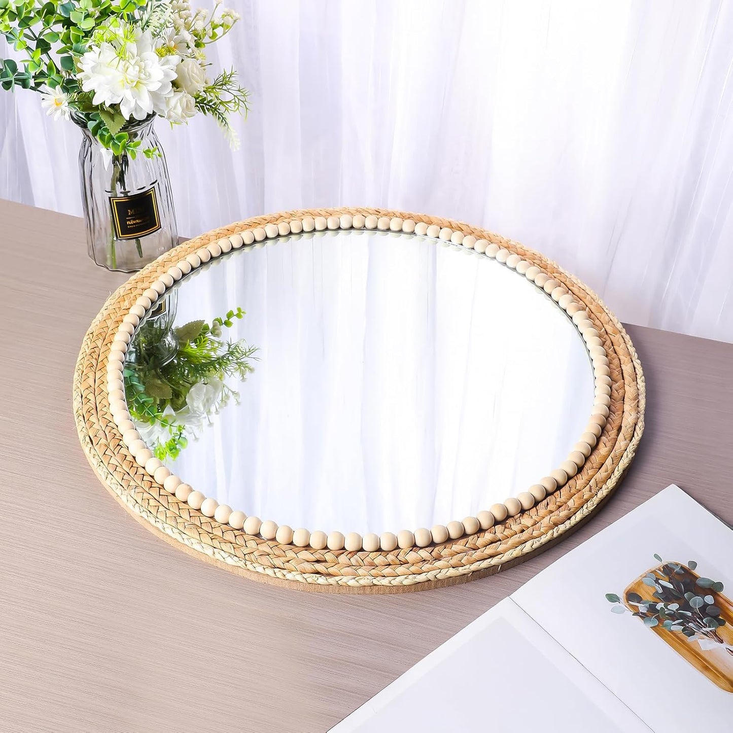 Boho Round Hanging Wall Mirror Decorative Rattan Circle Wall Mounted Mirror / 21 Inch Wood / 21 Inch