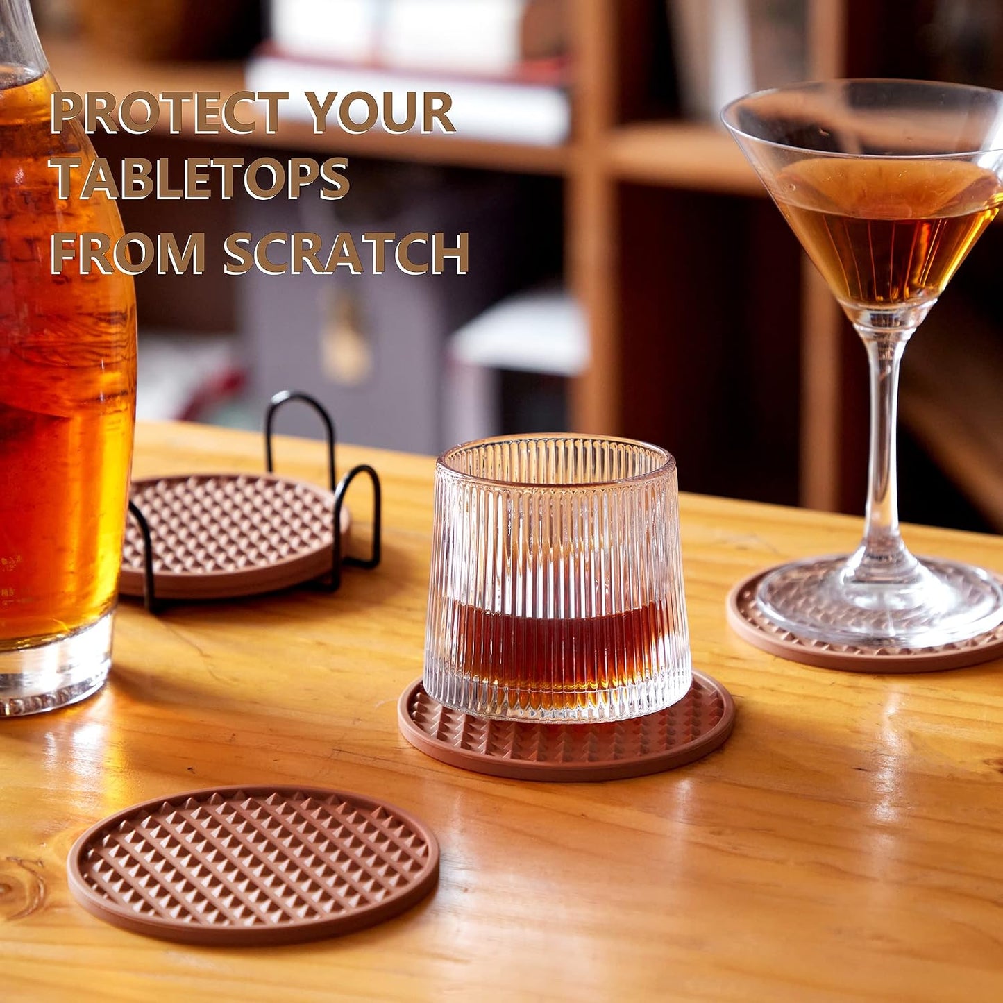 Holder / Coasters Tabletop Protection for Any Table Type / Brown with Holder / Silicone / Set of 6