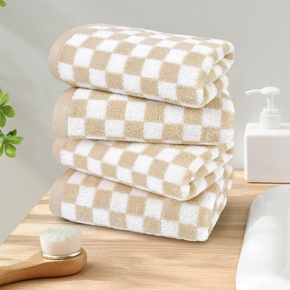 Jacquotha Beige Checkered Hand Towels - Set of 4, Cotton, 13"x29" | Soft & Absorbent, Aesthetic Cute Bathroom Kitchen
