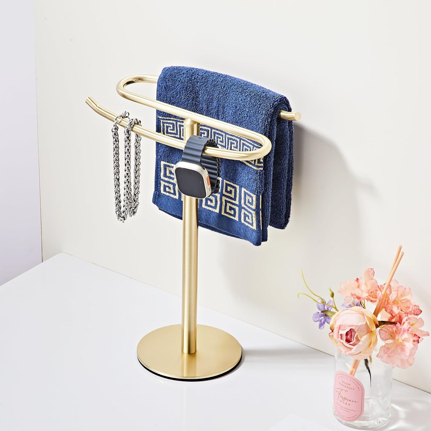 Light Brushed Gold Hand Towel Holder Stand, 13-Inch Tall Freestanding Towel Rack with Weighted Base, SUS304 Stainless