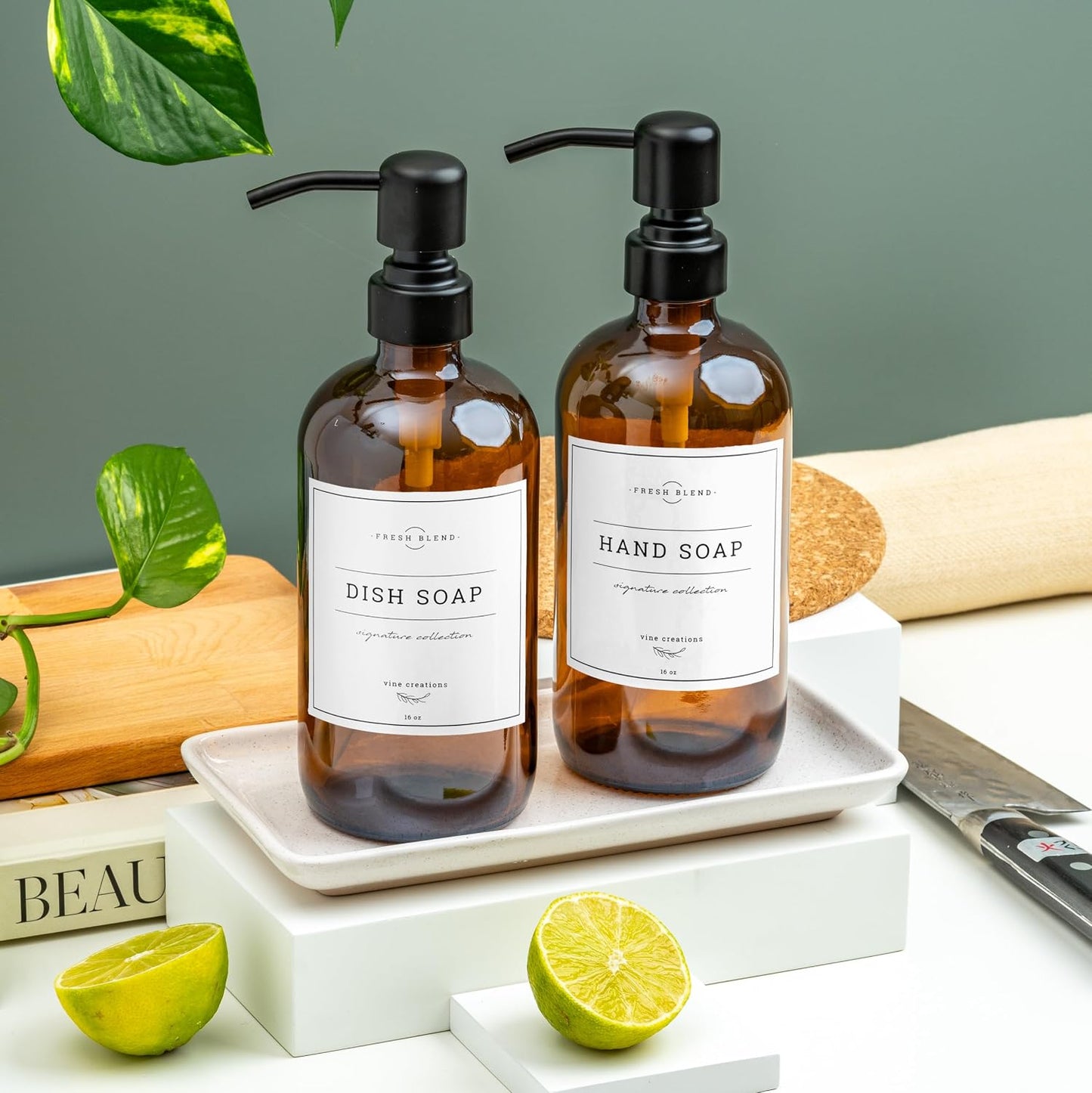 Vine Creations Amber Glass Soap Dispenser, 2 Pack Kitchen Soap Dispenser Set with Ceramic Tray, Stainless Steel Pump