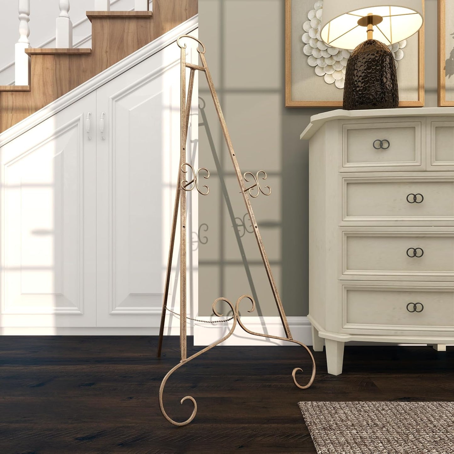 Deco 79 Metal Scroll Large Free Standing Adjustable Display Stand Easel with Chain Support, 22" x 21" x 46", Gold