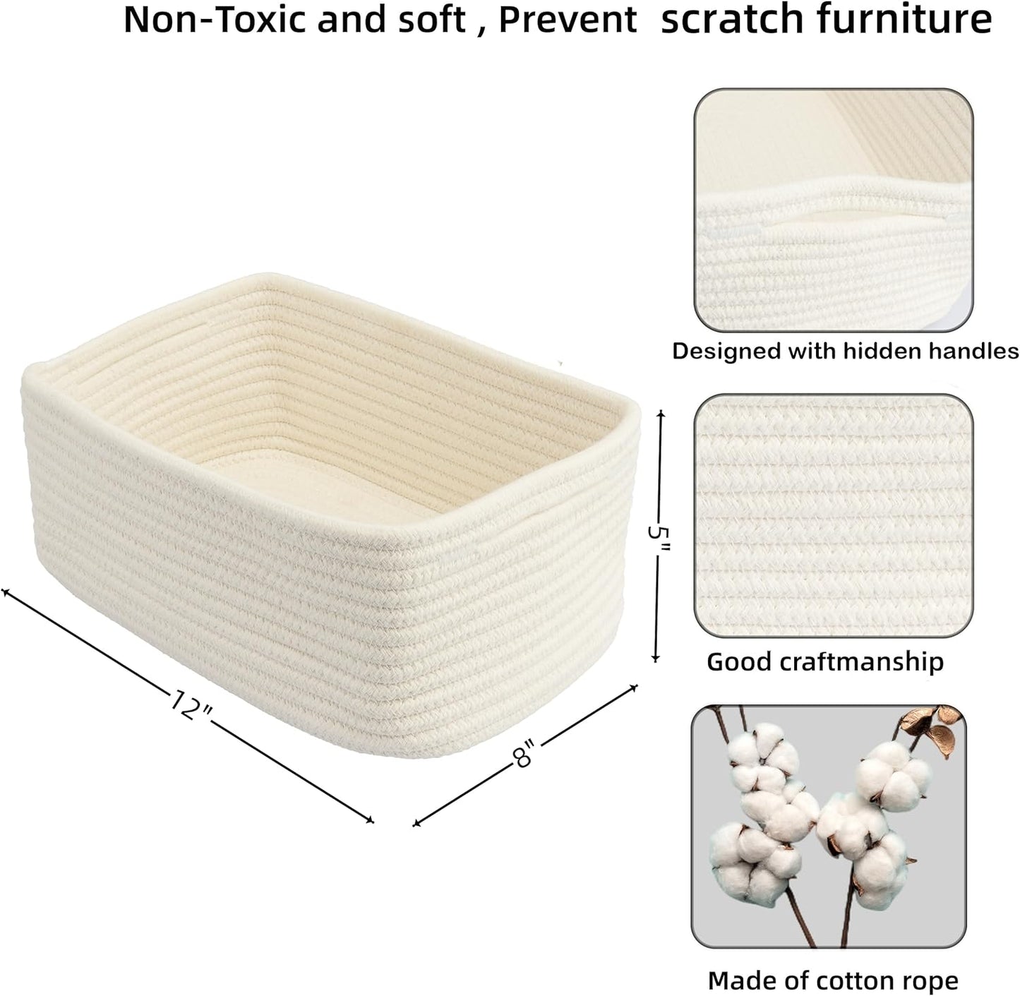 Small Woven Storage Baskets " Decorative Rope Bins for Organizing / White / Regular / 12 x 8 x 5