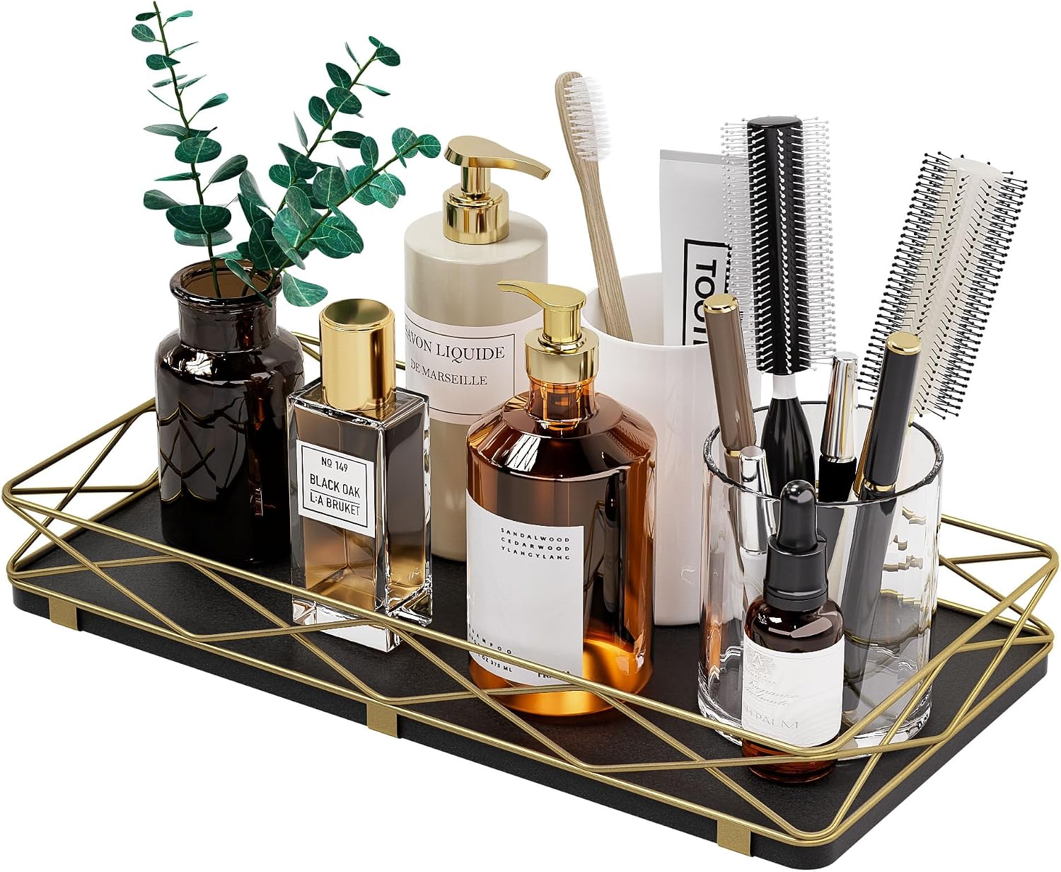Wood and Metal Toilet Tray Vanity Organizer Bathroom Tray / Black+gold