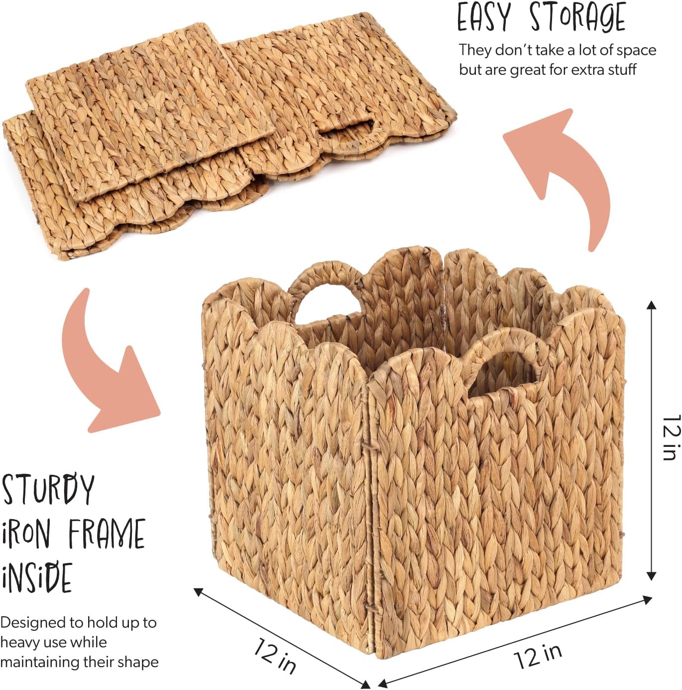 Foldable Scalloped Water Hyacinth Storage Cubes Basket / Natural Color / 12 x 12 x 12 / Set of 4