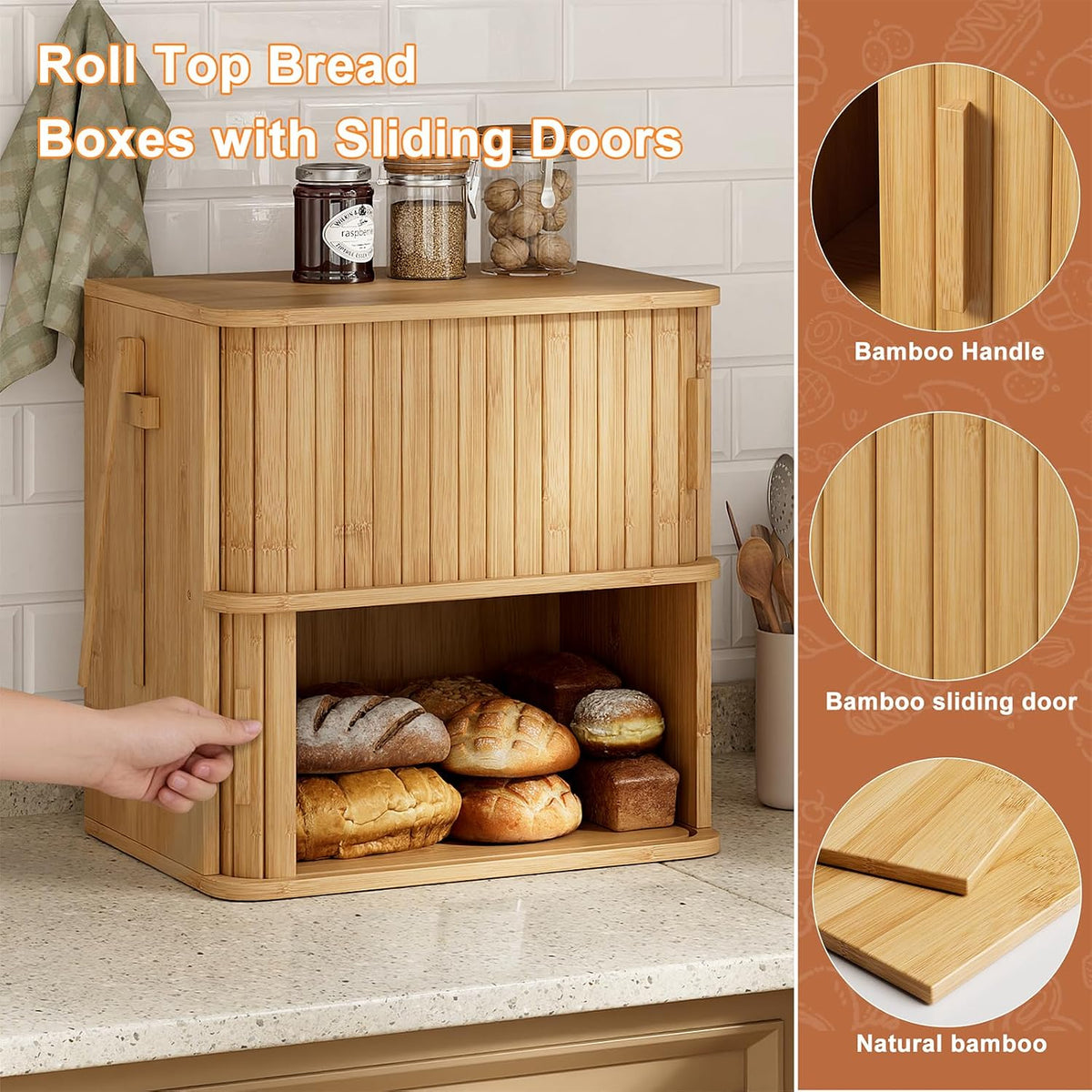 WOWLIVE 2-Tier Roll Top Bread Box for Kitchen Countertop Storage Cabinet | Double Layer Bamboo Bread Boxes with Sliding