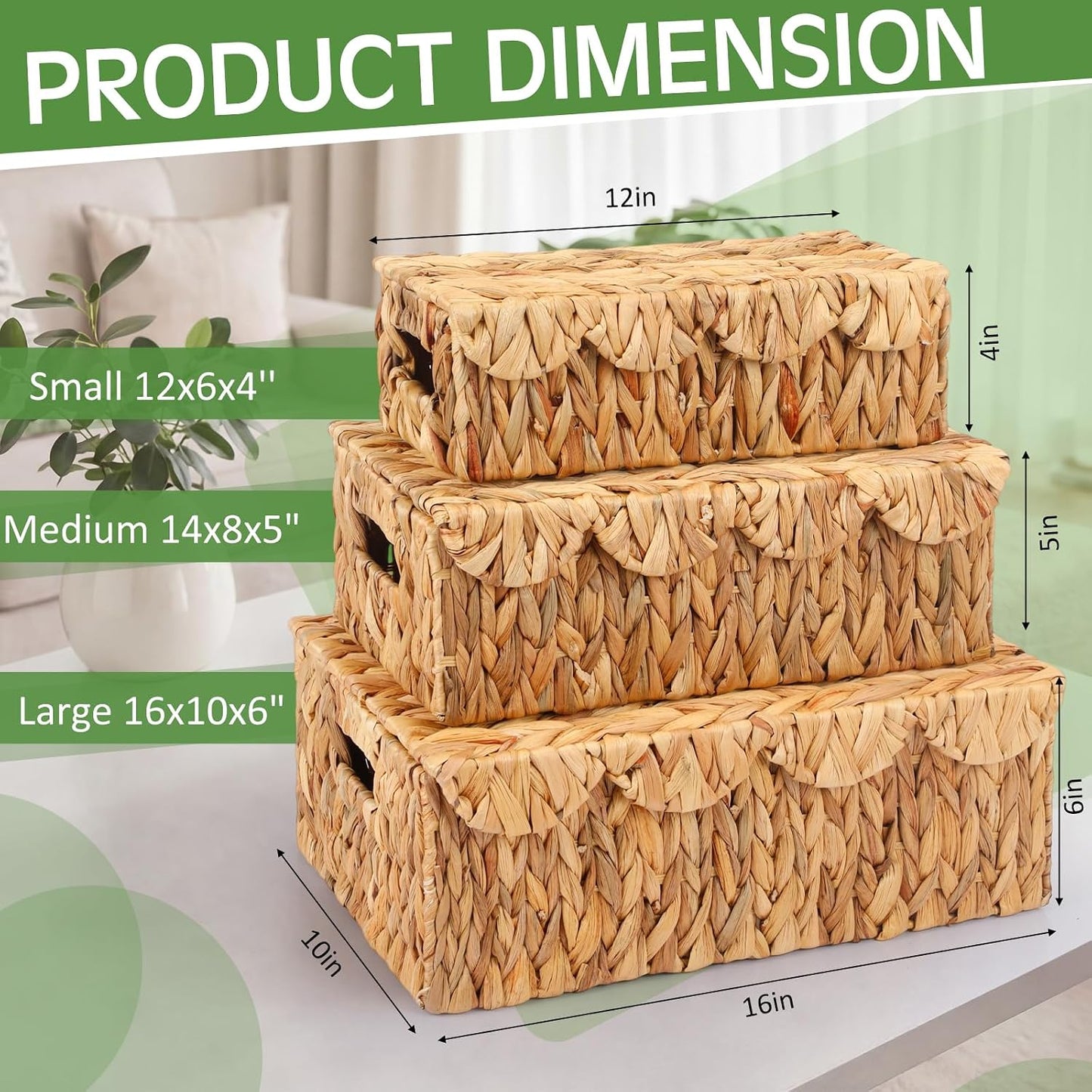 Large Wicker Storage Baskets / Natural Color / Water Hyacinth / Set of 3