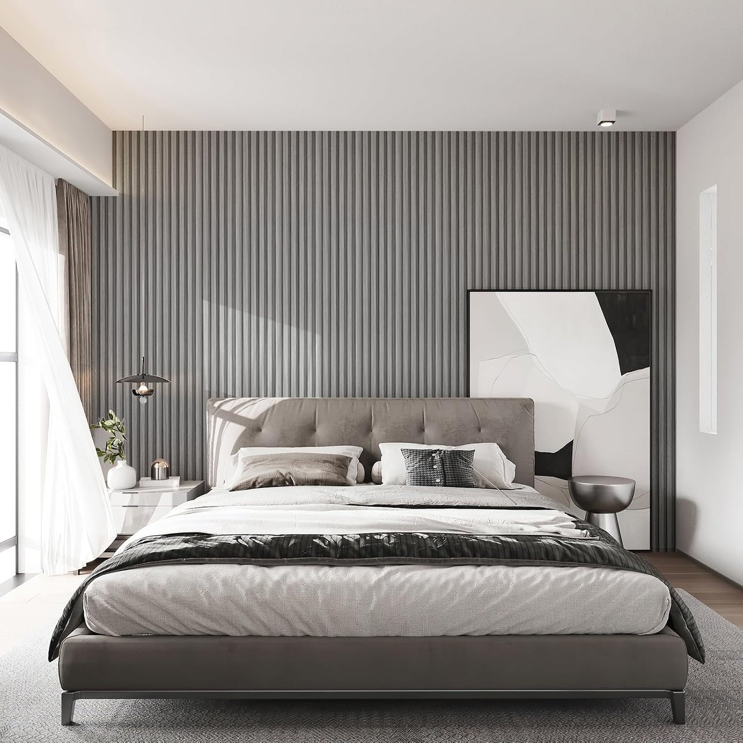Art3d 96 x 6 Inch WPC 3D Wood Textured Slat Wall Panels, 8-Pack, Gray Oak | Stylish Slat Design, Waterproof, Weather