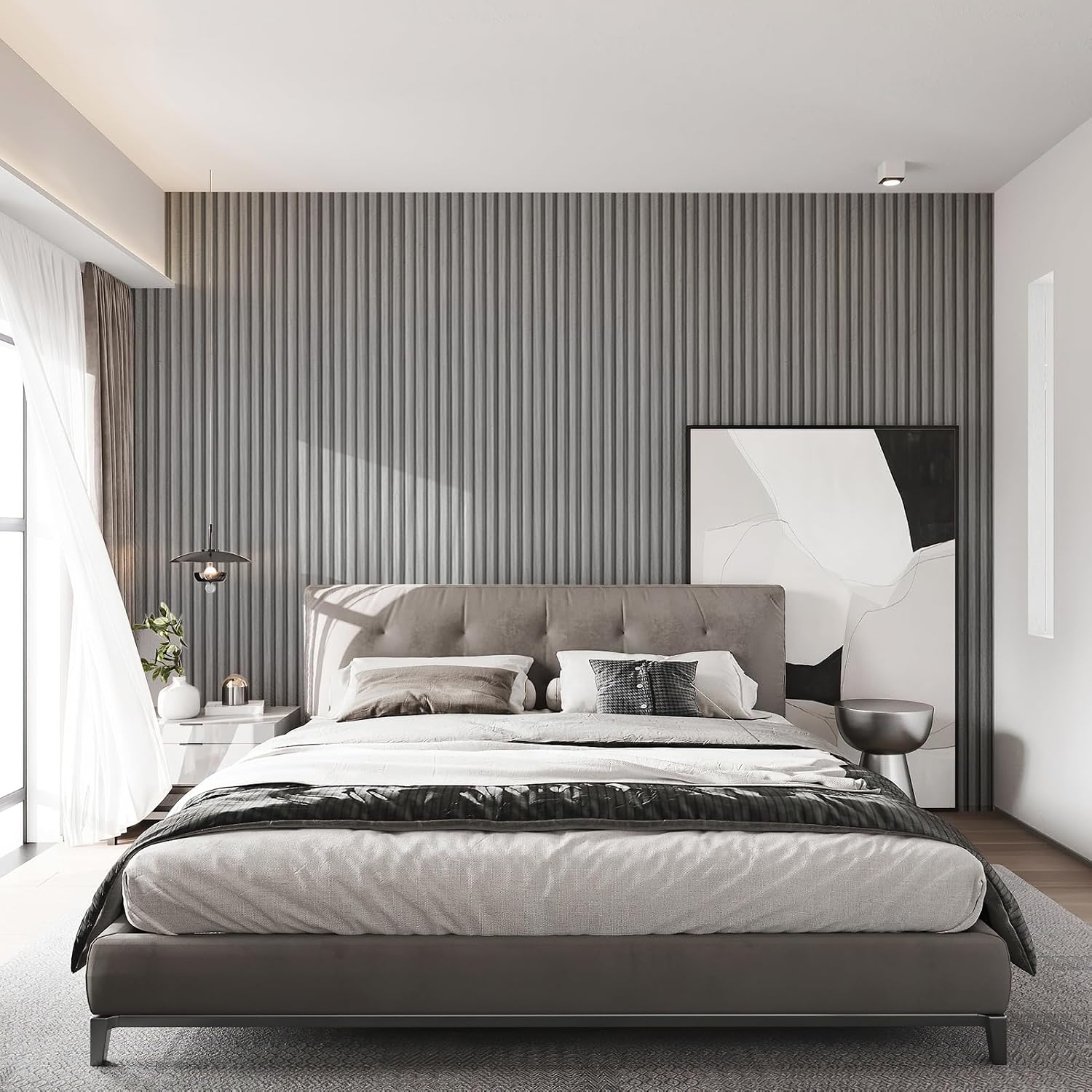 Art3d 96 x 6 Inch WPC 3D Wood Textured Slat Wall Panels, 8-Pack, Gray Oak | Stylish Slat Design, Waterproof, Weather