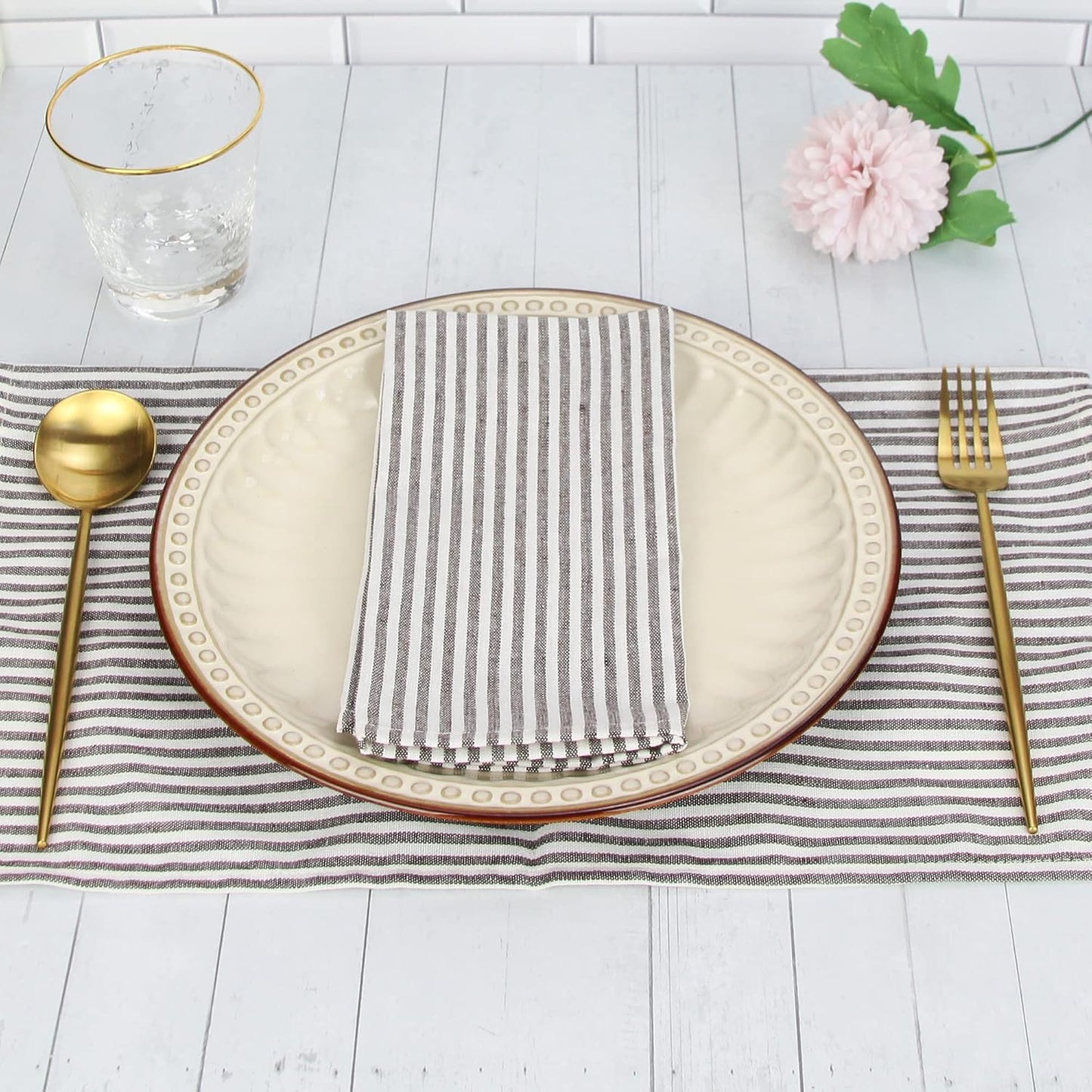 Plain Striped Cotton Linen Blended Dinner Cloth Napkins - Set of 12 (17 x 17 inches) - for Events & Home Use (Brown)