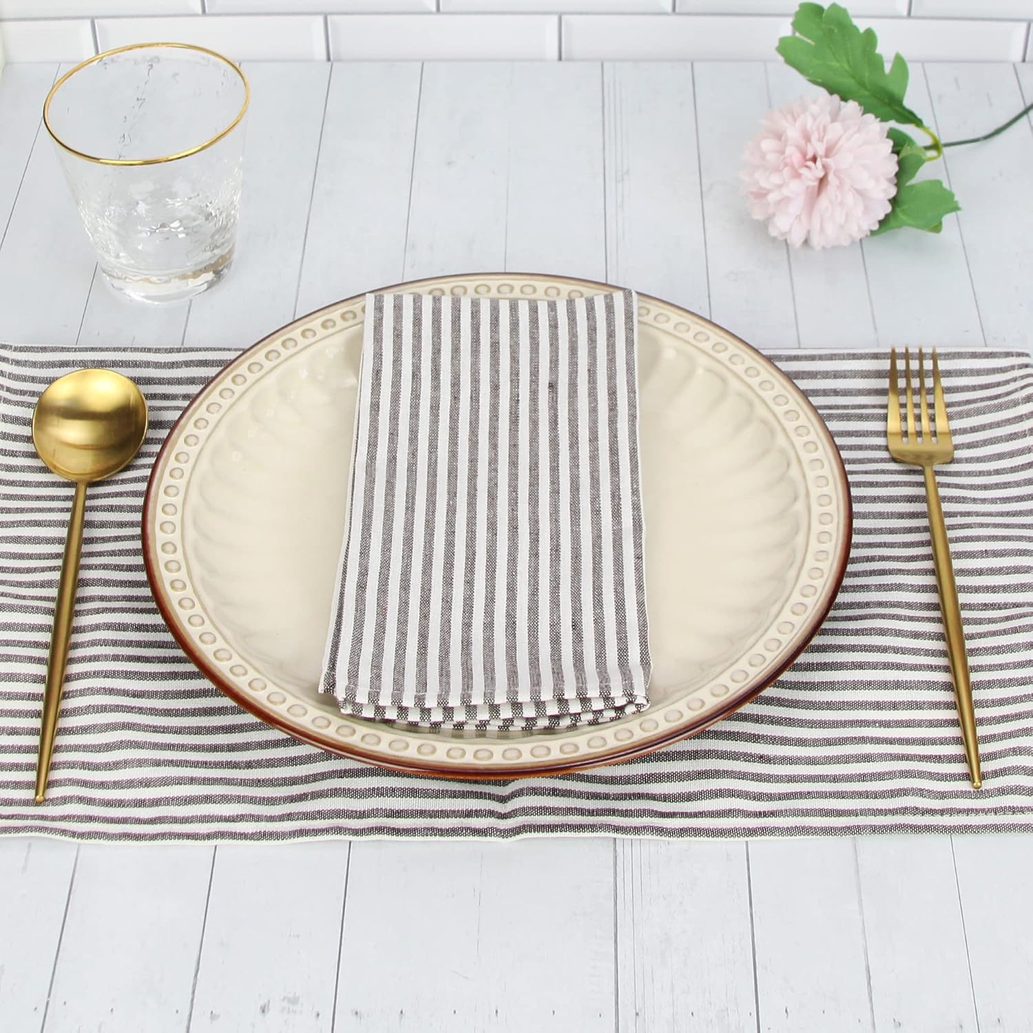 Plain Striped Cotton Linen Blended Dinner Cloth Napkins - Set of 12 (17 x 17 inches) - for Events & Home Use (Brown)