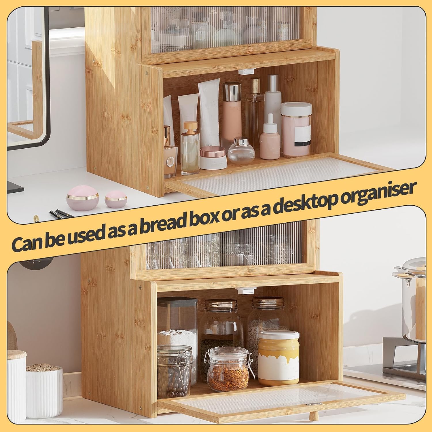 Double Layer Bamboo Bread Box for Kitchen Counter,Bread Holder,Countertop Bread Storage with Window (Natural)