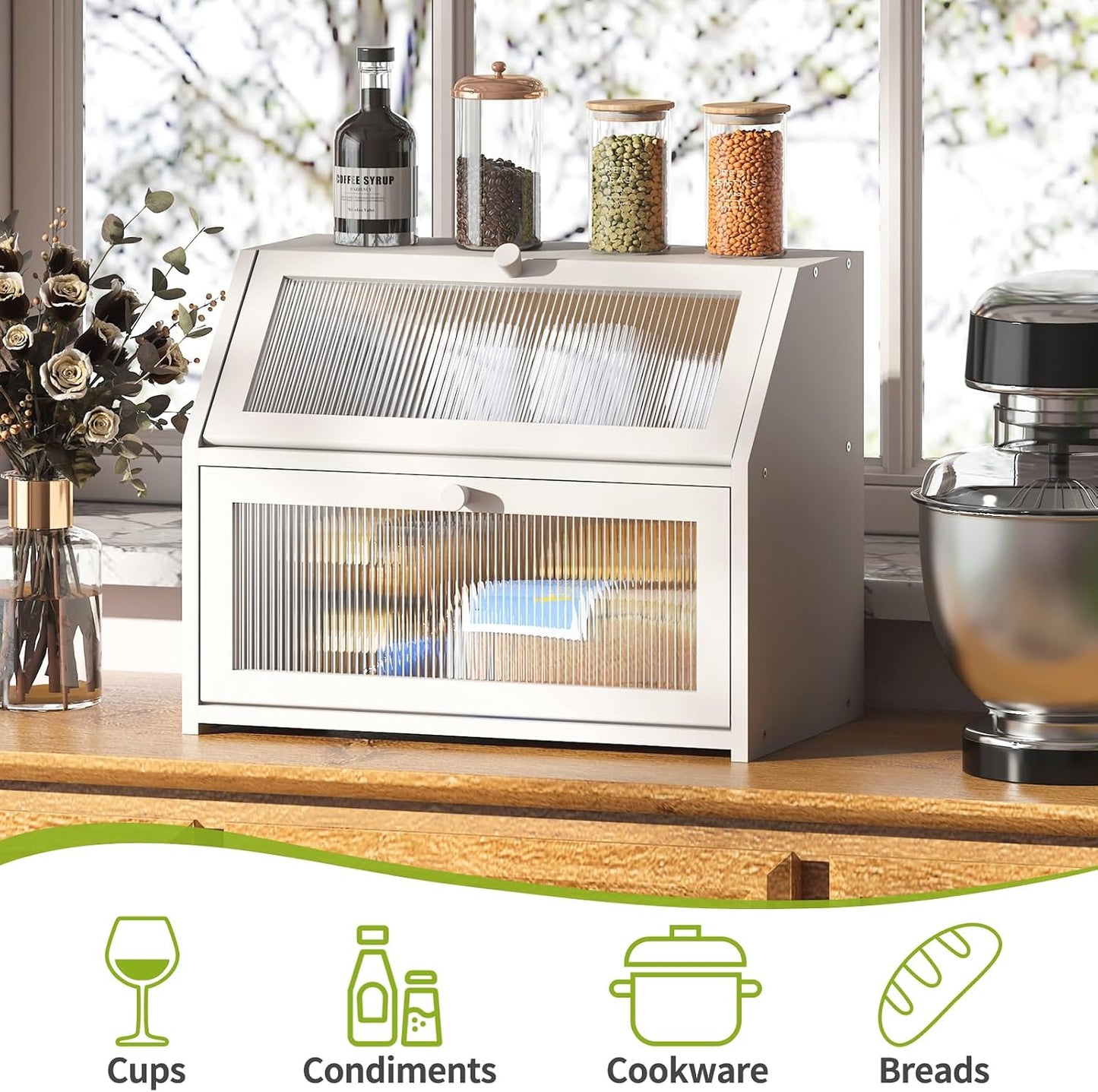 BMOSU Large Bread Box for Kitchen Countertop,Double Layer Bread Box for Kitchen Counter,Bamboo Wood Bread box Capacity