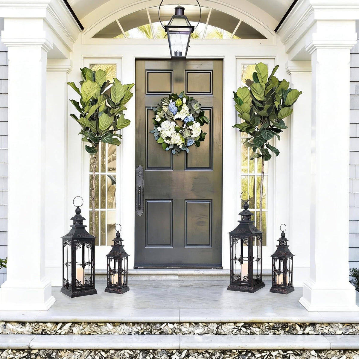 LED Lanterns Decorative Outdoor&Indoor, 23'' 16‘’ Large Black Lanterns with 2 Flameless Candles, Metal Holders for