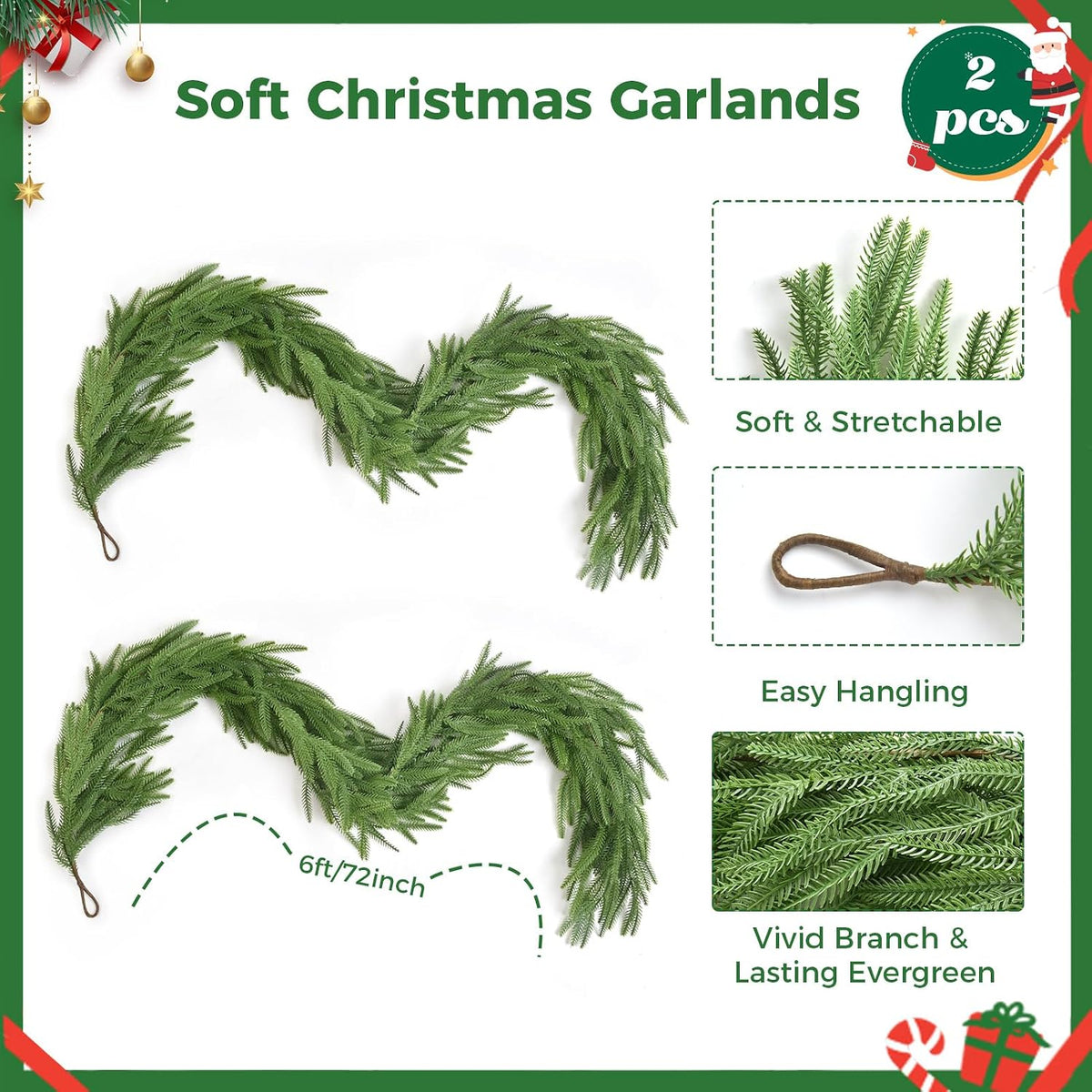 12FT(2 * 6FT) Christmas Norfolk Pine Garlands, Winter Decor Real Touch Pine Garland, Artificial Greenery Xmas Garland