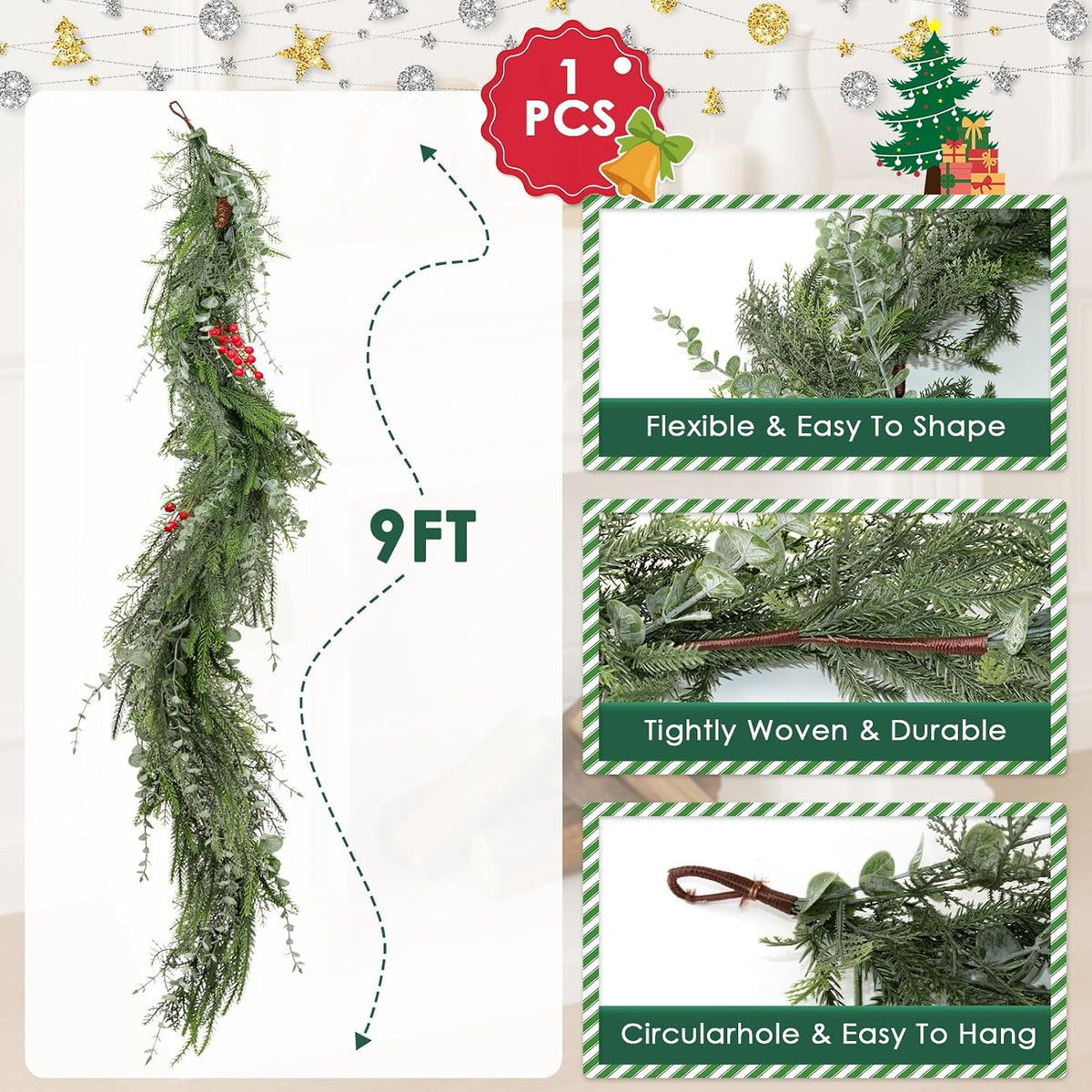 9FT Artificial Norfolk Pine Christmas Garland, Winter Decor | Winter Cedar Eucalyptus Greenery Realistic Tree for