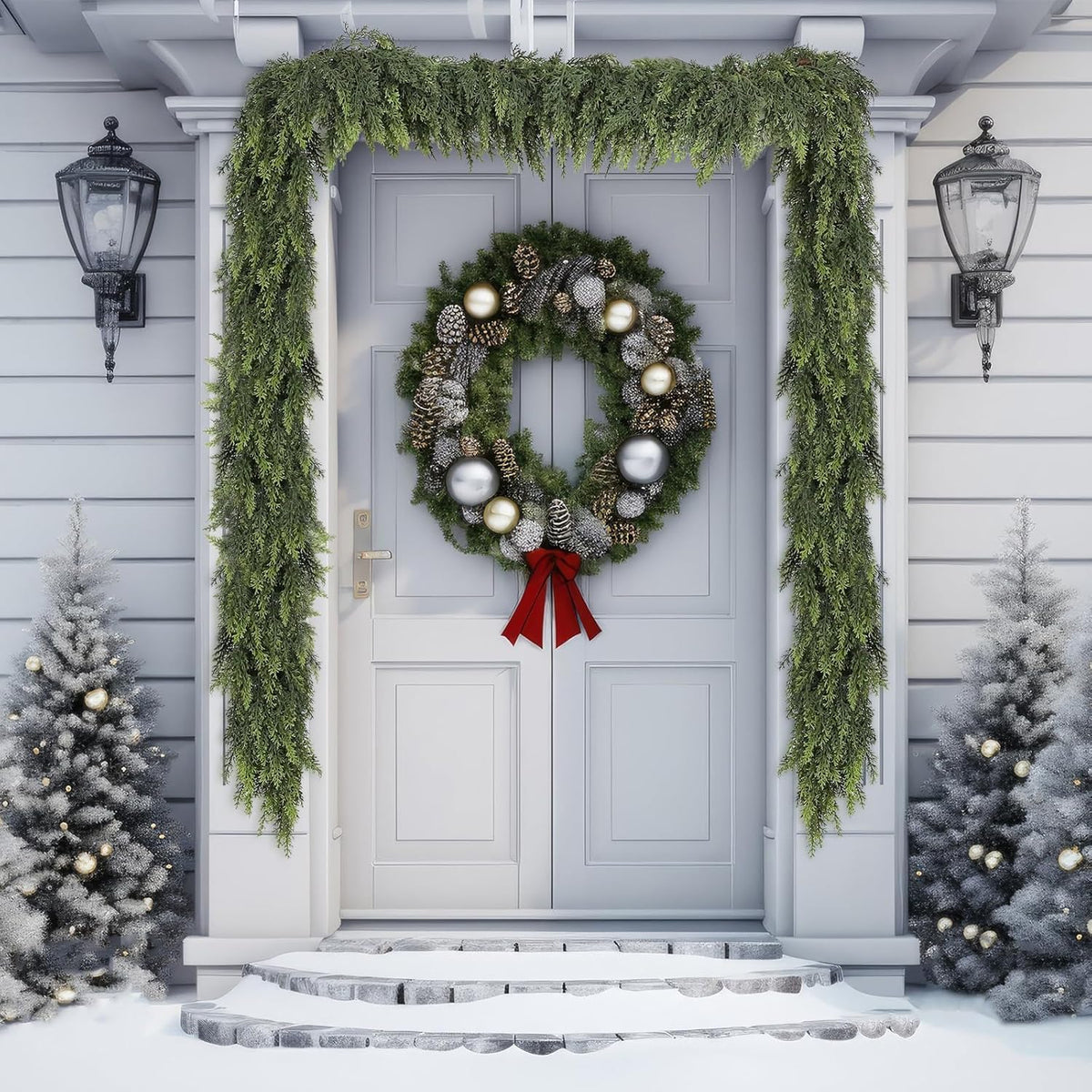 2 Pcs 9 ft Artificial Christmas Cedar Garland | Thick & Lush, Simulation Faux Cedar, Green Fake Pine Needles Garland