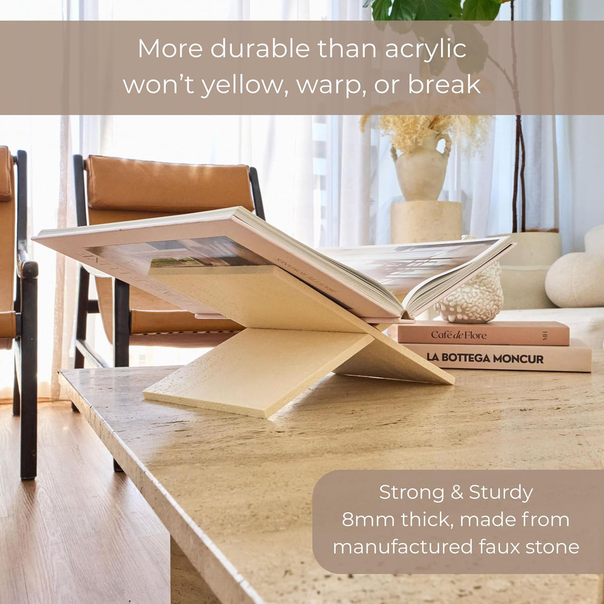 Book Stand Resin Stone Finish Book Holder for Recipe Book Display Stand, Coffee Table Books, 2 Pieces Slot Together