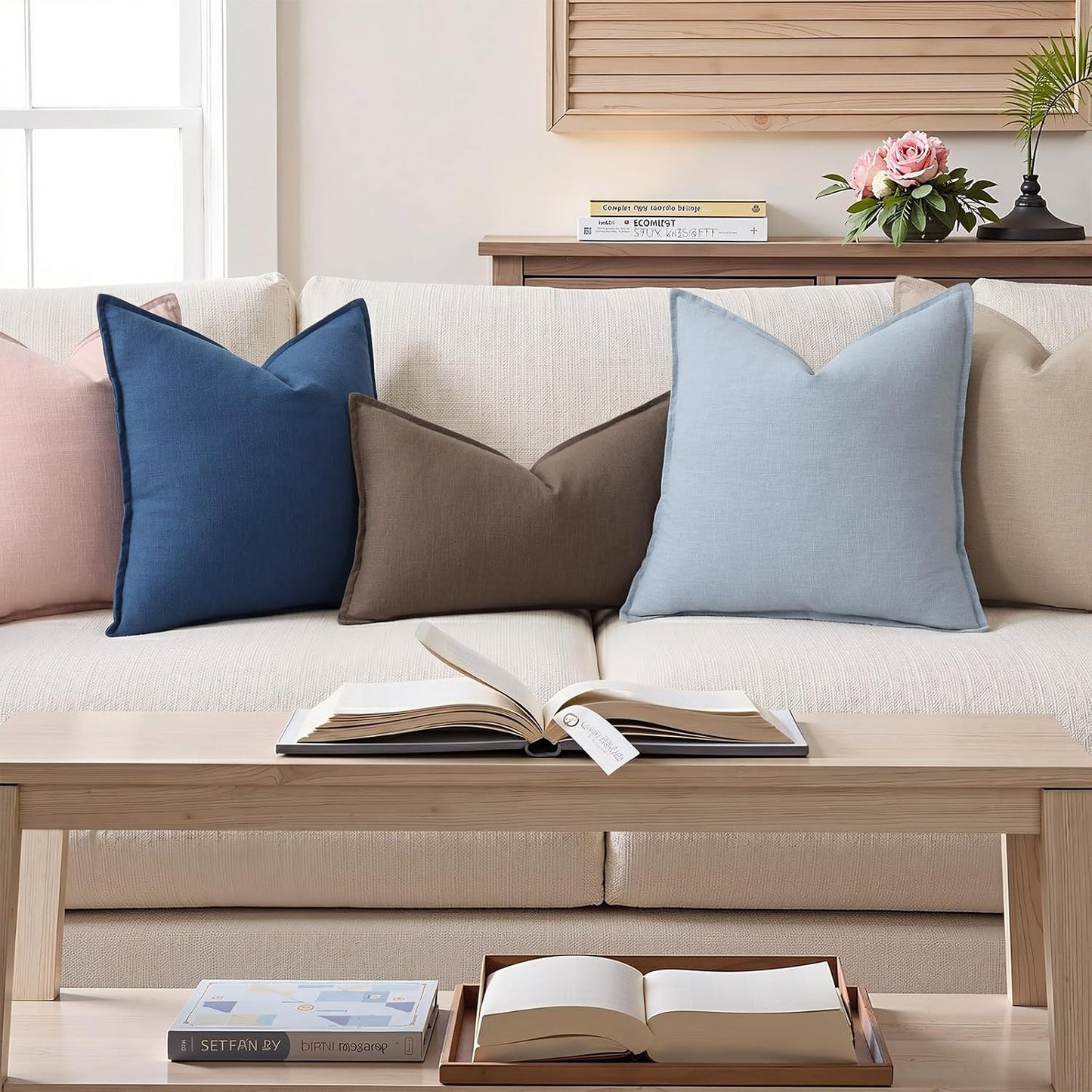 Fall Decorative Linen Throw Pillow Covers Neutral Pillow Covers / Blue / 18 x 18 / Set of 2