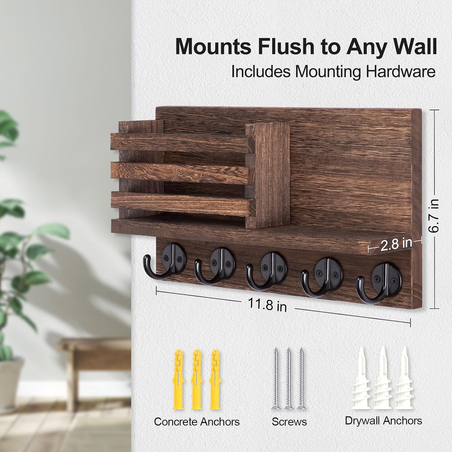 Decorative Wooden Mail Holder and Key Shelf / Brown / Large - 11.8inch