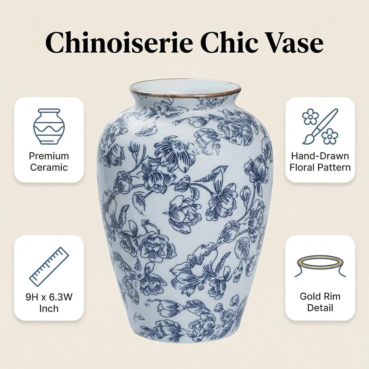 Vintage Ceramic vase / Blue and White / 9 Inch