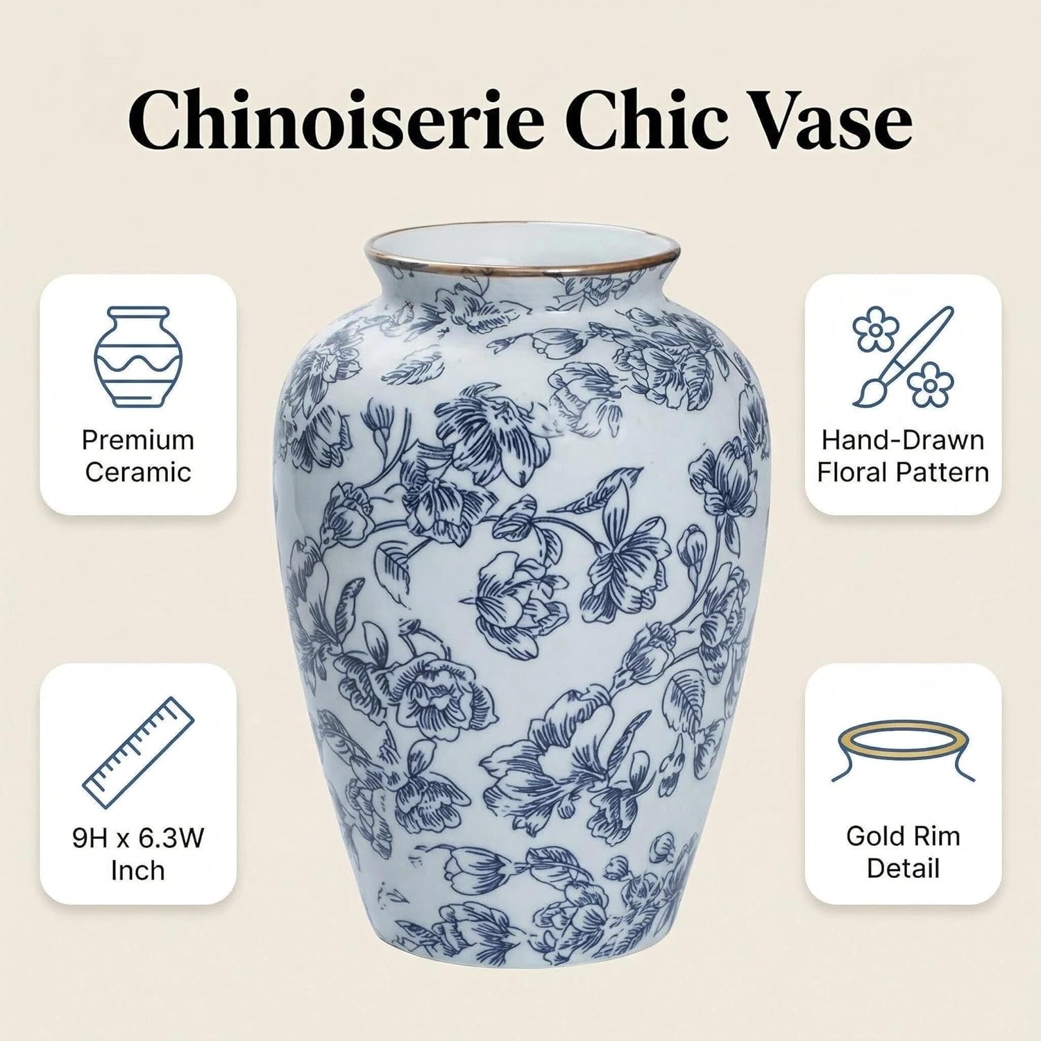 Vintage Ceramic vase / Blue and White / 9 Inch