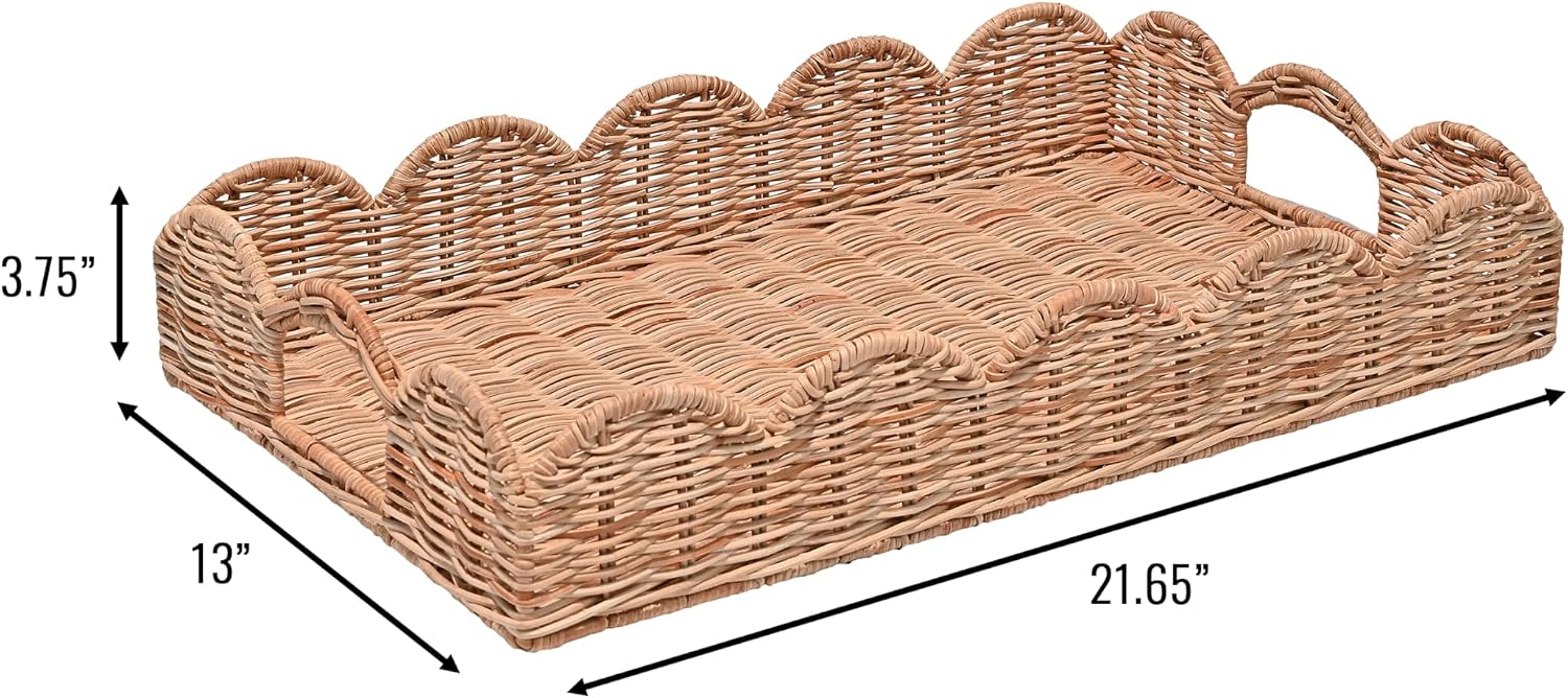 TRY1000B Scalloped 21.5" Southwestern Cottage Hand-Woven Rattan Tray / Light Brown