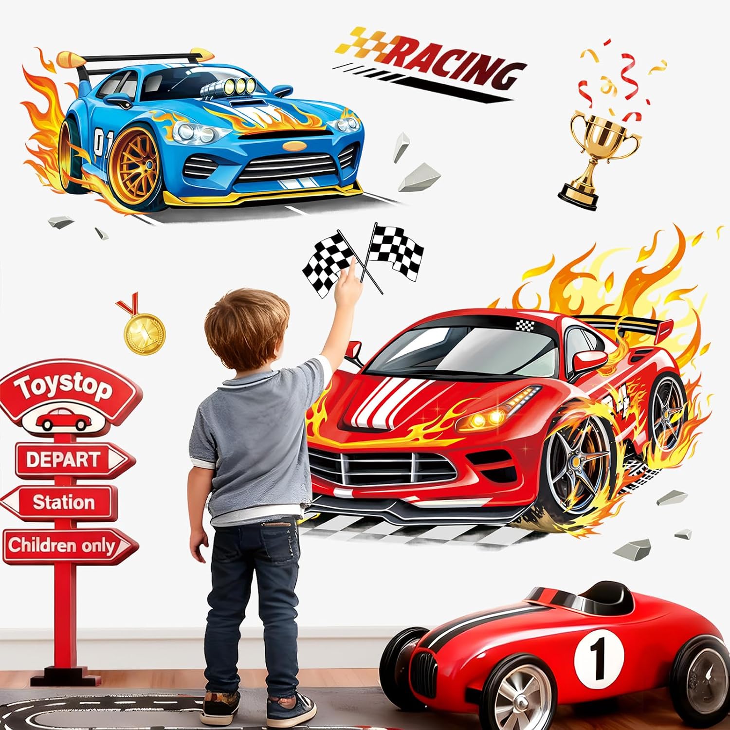 3D Racing Car Wall Decals Blue Sports Car Trophies Flags Wall Stickers Boys Room Kids Bedroom / Red