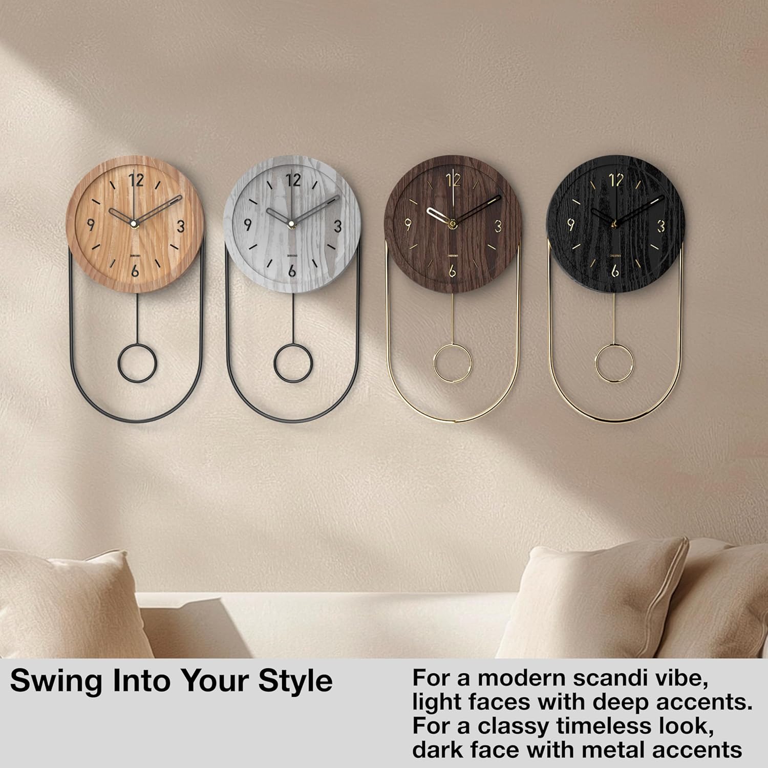 Driini Decorative Wall Clock with Pendulum (White) – Modern Wood, 3D Gold Numbers, Metal Frame – Small, Unique Wall