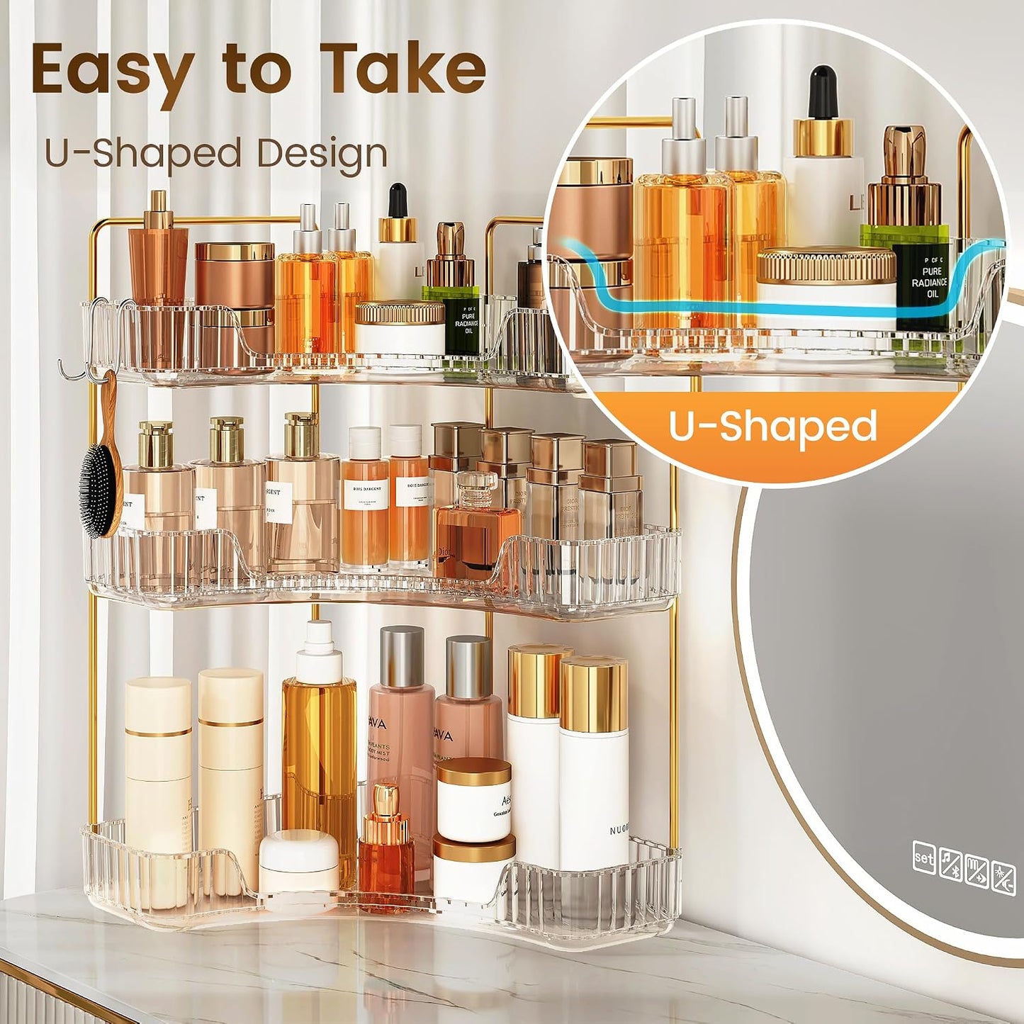 Corner Bathroom Counter Organizer 3-Tier Bathroom Organizer | Storage Countertop with Hooks Perfume Organizers Storage
