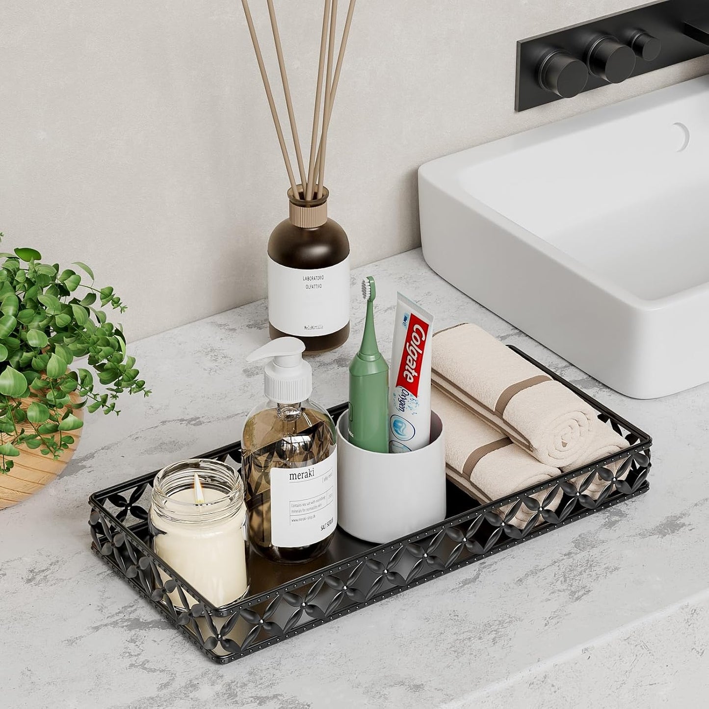 Vanity Tray / Rectangle Floral-black / 11 Inch