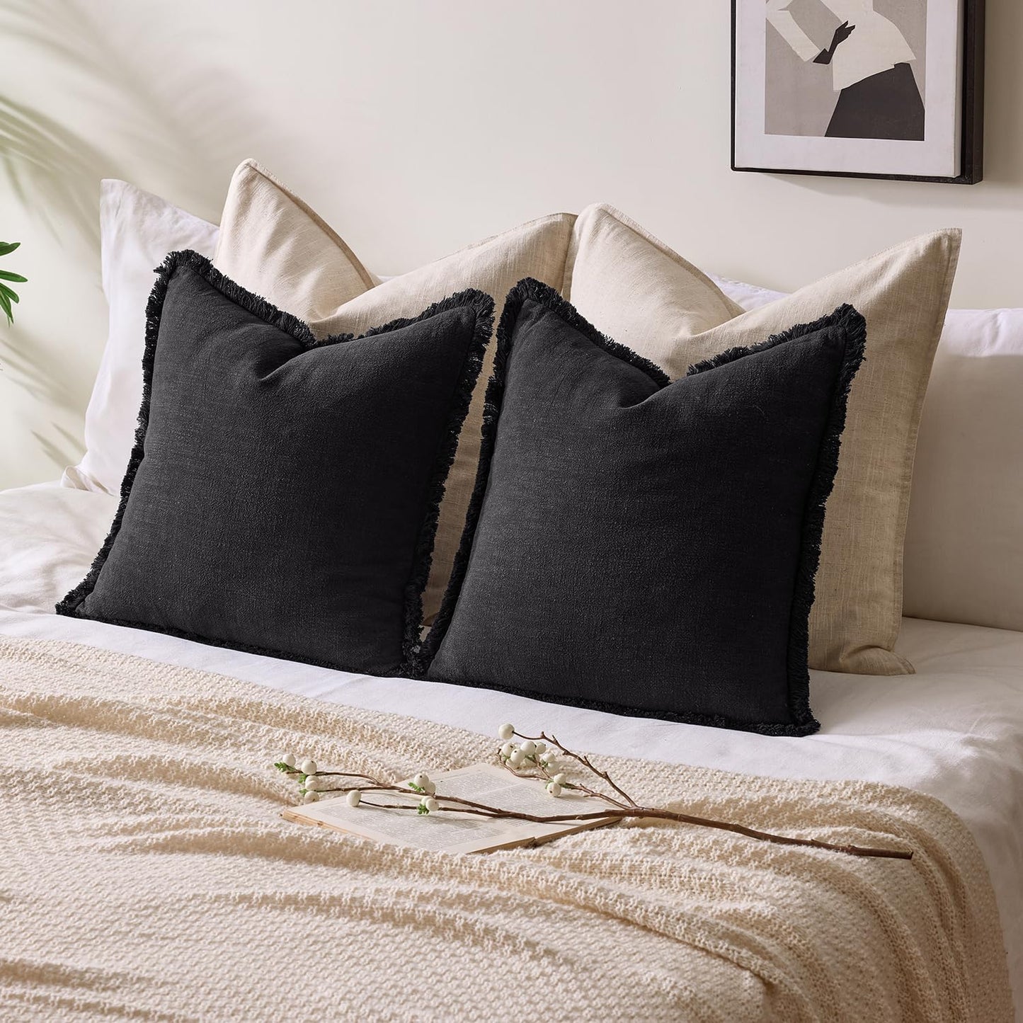 Decorative Linen Fringe Throw Pillow Covers Boho Farmhouse Soft Cushion / 20 x 20 / Black / Set of 2
