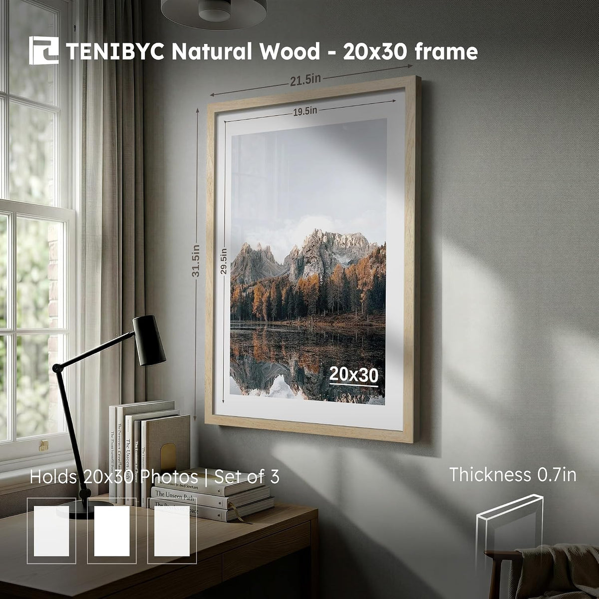 20x30 Poster Frame, Natural Wood, 3 Pack, Wall Hanging for Picture | Thick Polished Plexiglass, Large Movie Poster