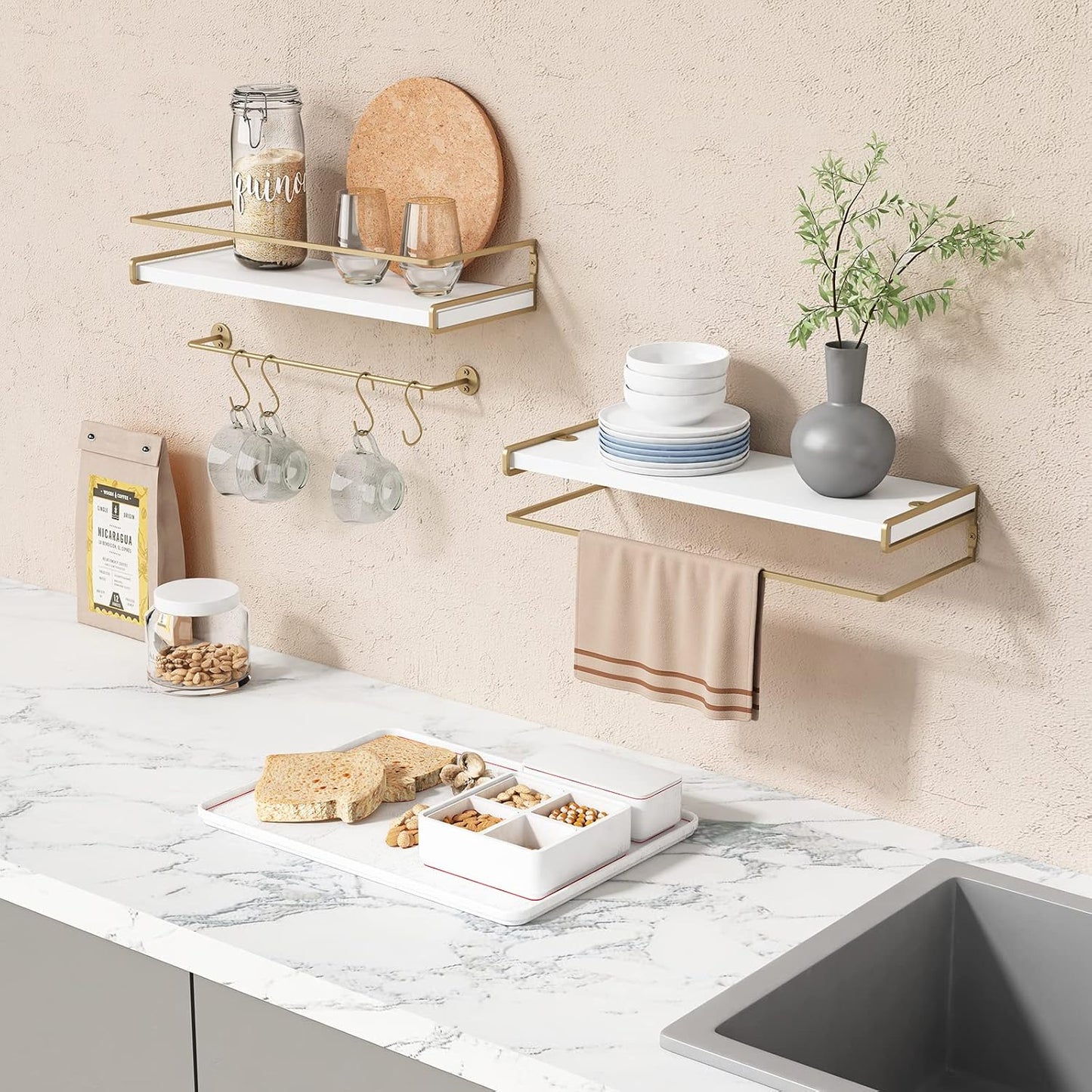 Forbena Floating Bathroom Shelves Wall Mounted, Aesthetic White and Gold Shelves for Bathroom Accessories, Modern