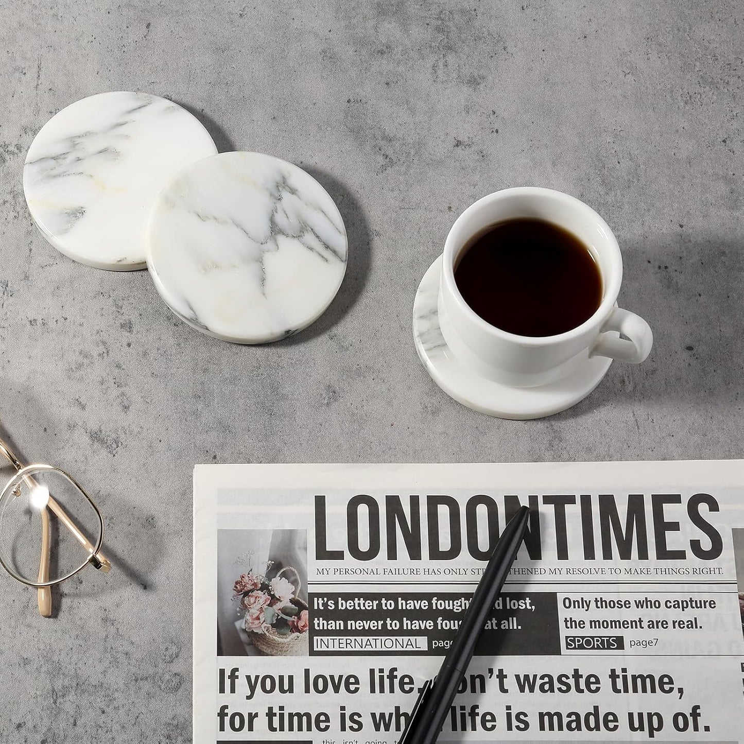4" Stone Coaster for Drinks Coffee / Arabescato / Set of 4