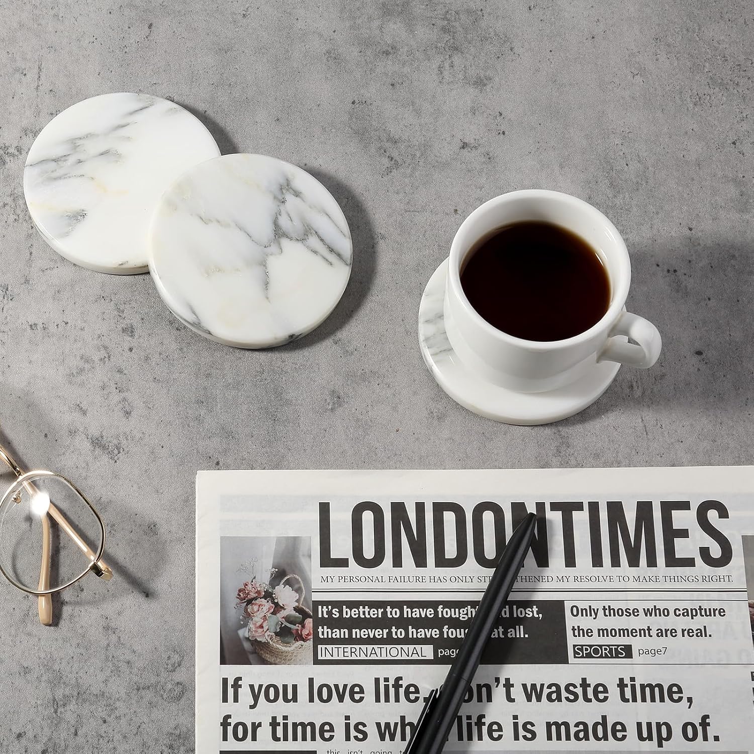 4" Stone Coaster for Drinks Coffee / Arabescato / Set of 4