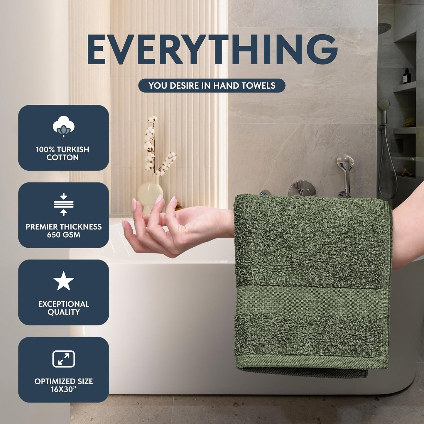 White Classic Luxury Forest Green Hand Towels - Soft 100% Turkish Cotton | Highly Absorbent Hotel spa Bathroom Towel