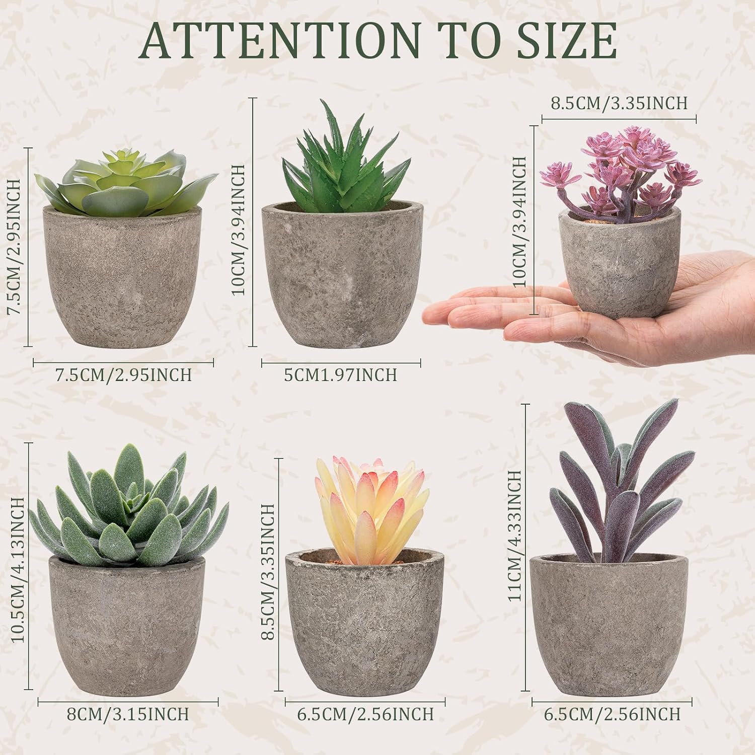 Realistic Mini Fake Cactus Plants in Paper Pulp Pots / Classic Style / Set of 6