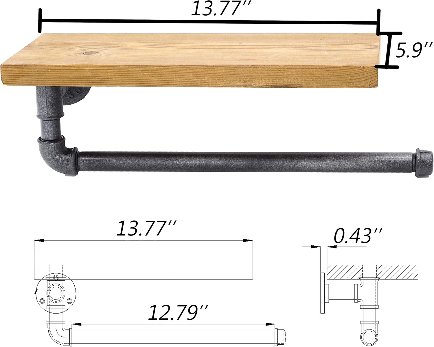 Industrial Vintage Paper Towel Holder Gordon with 13"x6" Shelf Spice Rack TPD-004, Steampunk Loft Style Wall Mount